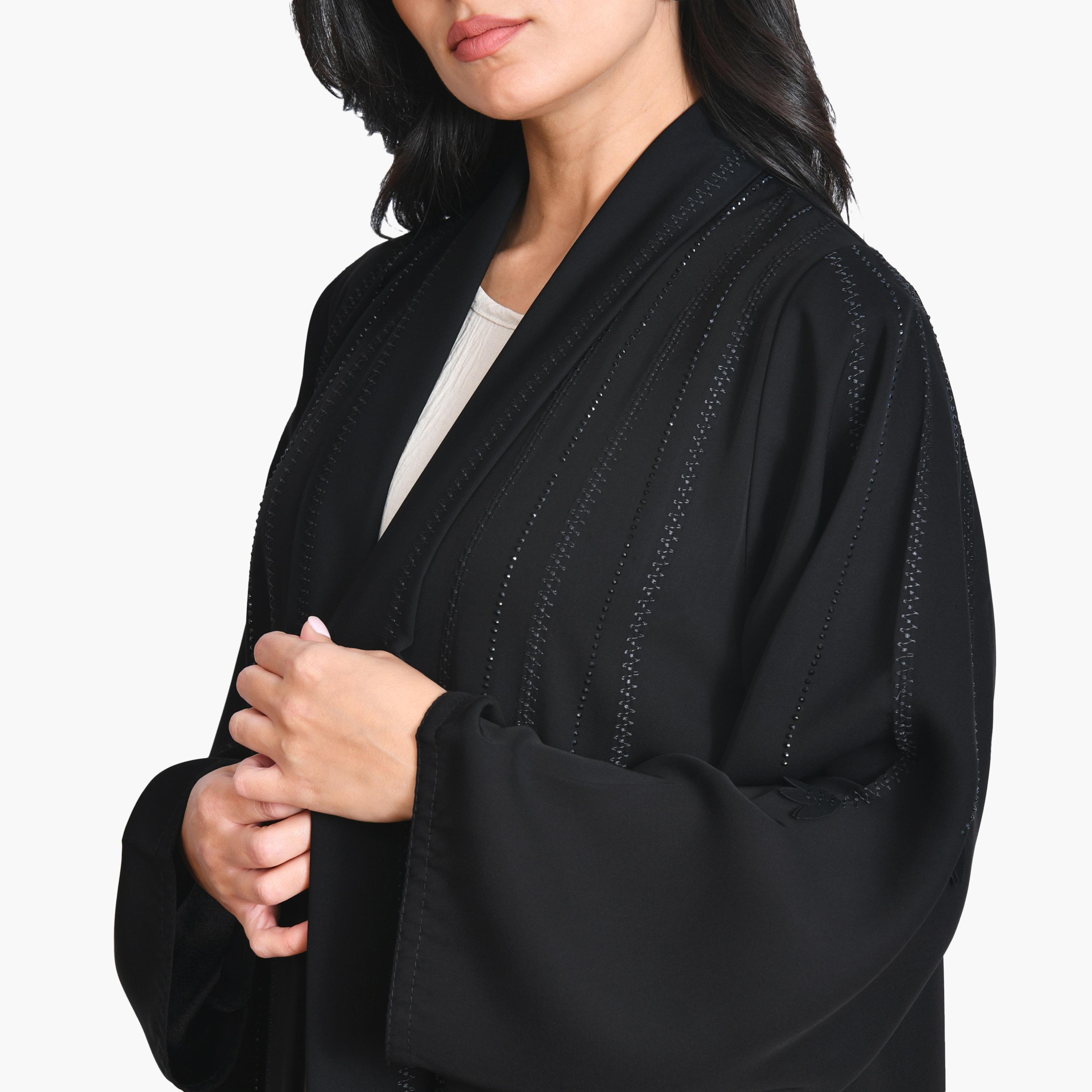 عباية سوداء مطرزة بأكمام واسعة من الكتان للنساء بقصة أنيقة مع حجاب من أويا عباية-women-arabicclothing-abayas-image-4
