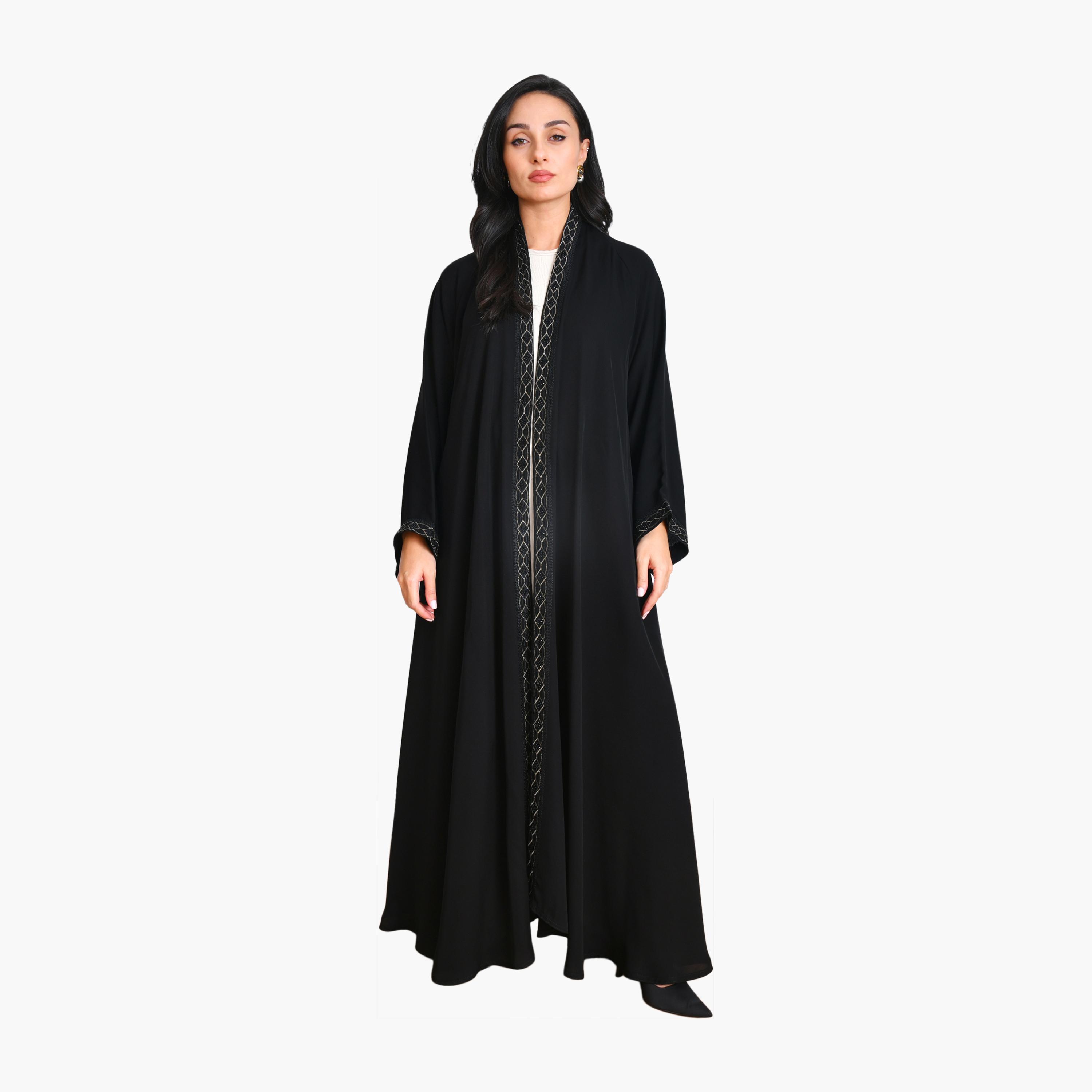 عباية سوداء مطرزة بأكمام واسعة من الكتان للنساء، نصف كلوش من أويا عباية-women-arabicclothing-abayas-image-1