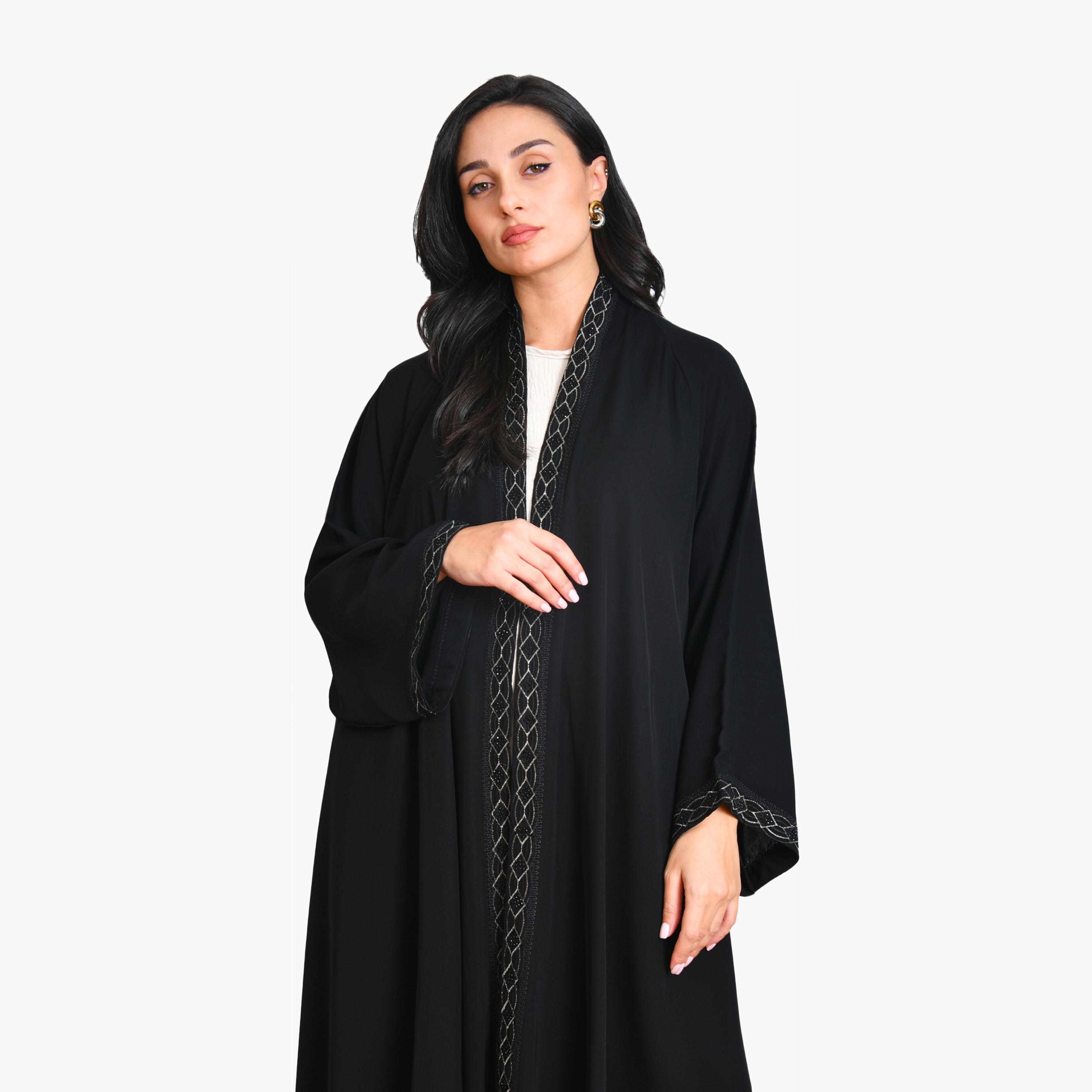 عباية سوداء مطرزة بأكمام واسعة من الكتان للنساء، نصف كلوش من أويا عباية-women-arabicclothing-abayas-image-3