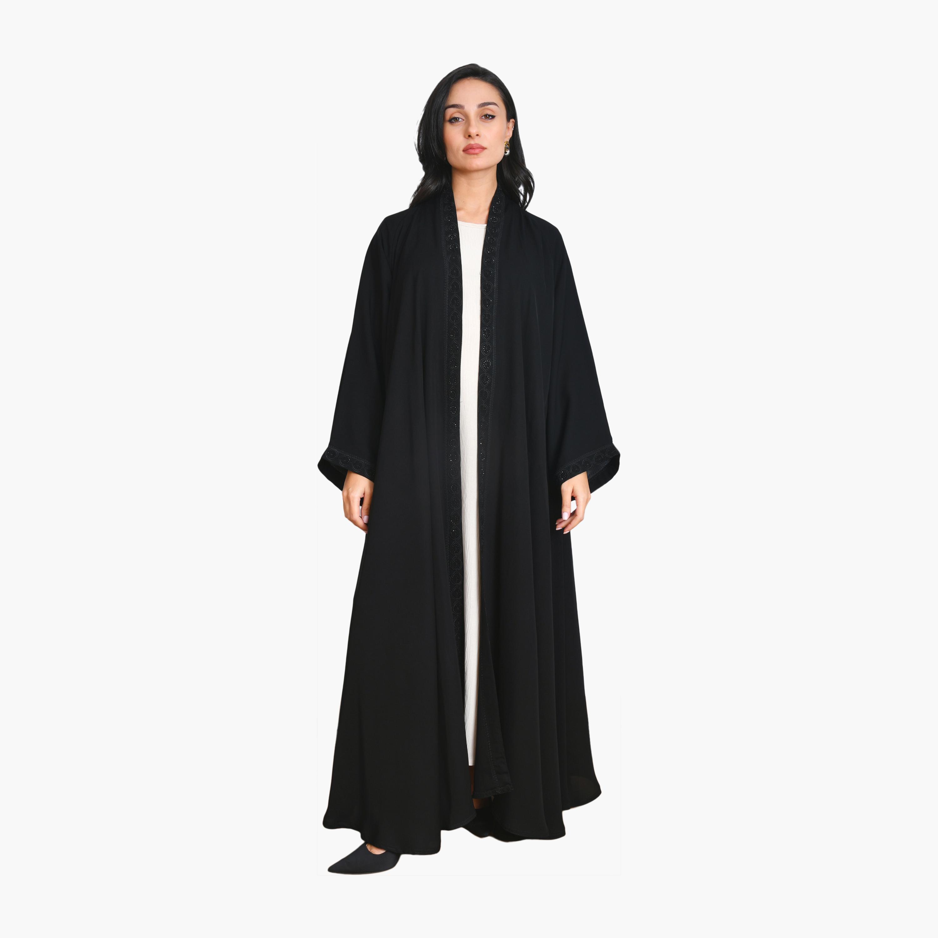 Oya Abaya Black Embroidered Wide Sleeves Linen Women's Half-Cloche Abaya-women-arabicclothing-abayas-image-1