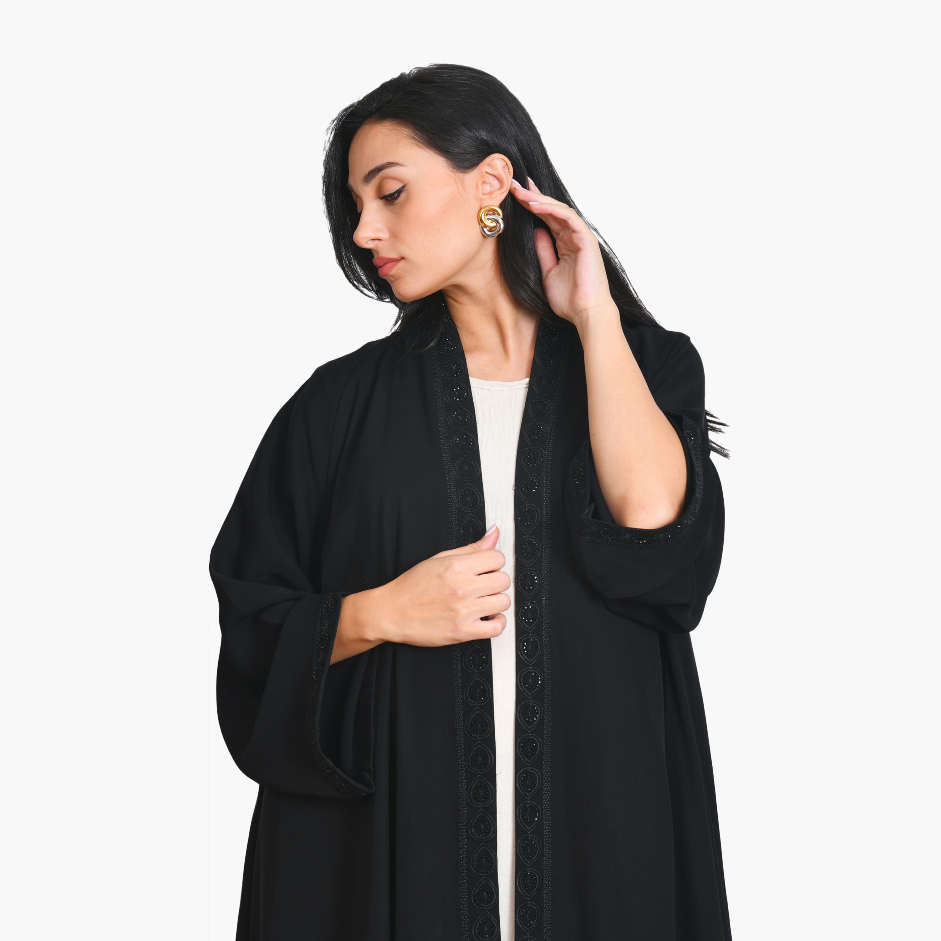 Oya Abaya Black Embroidered Wide Sleeves Linen Women's Half-Cloche Abaya-women-arabicclothing-abayas-image-2