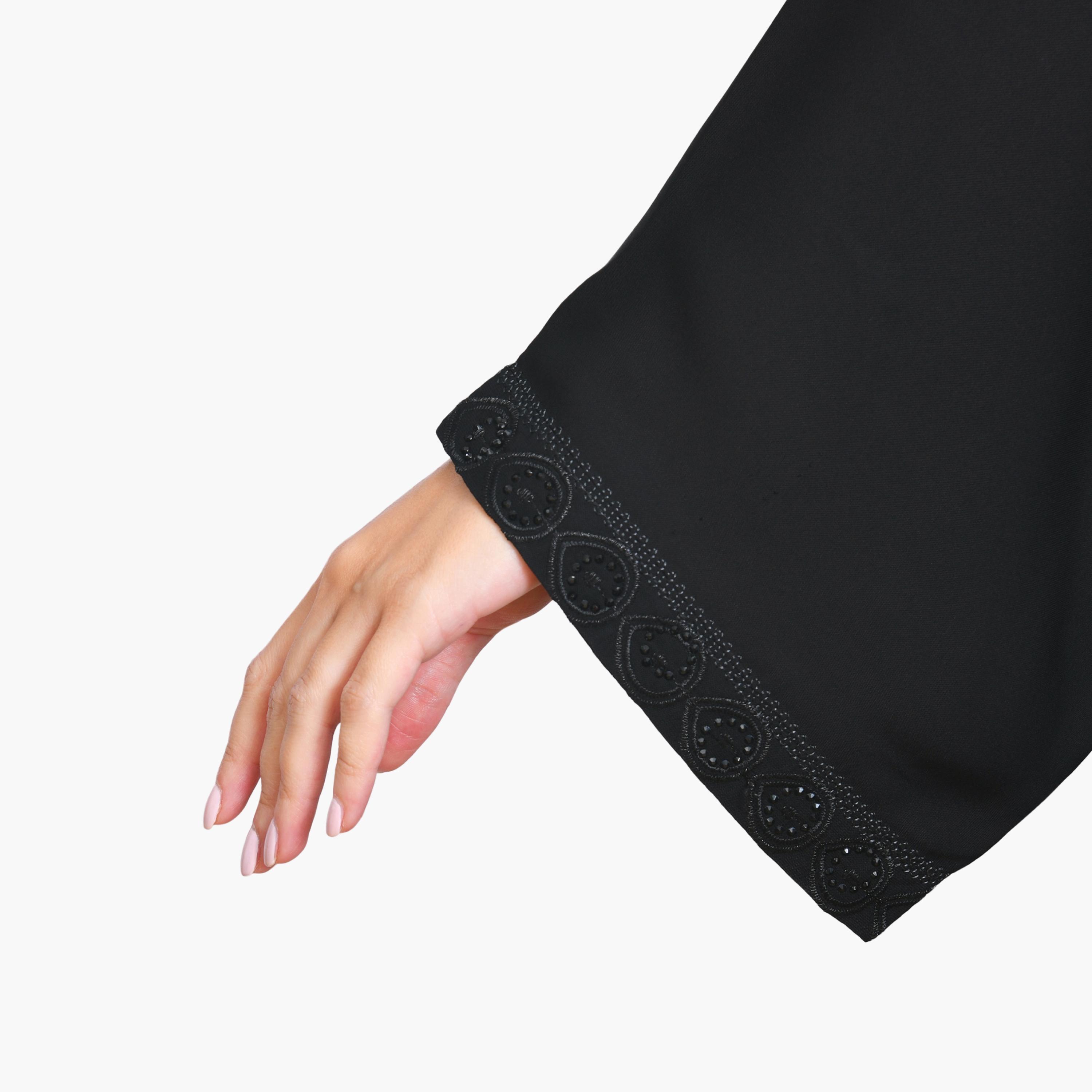 Oya Abaya Black Embroidered Wide Sleeves Linen Women's Half-Cloche Abaya-women-arabicclothing-abayas-image-3