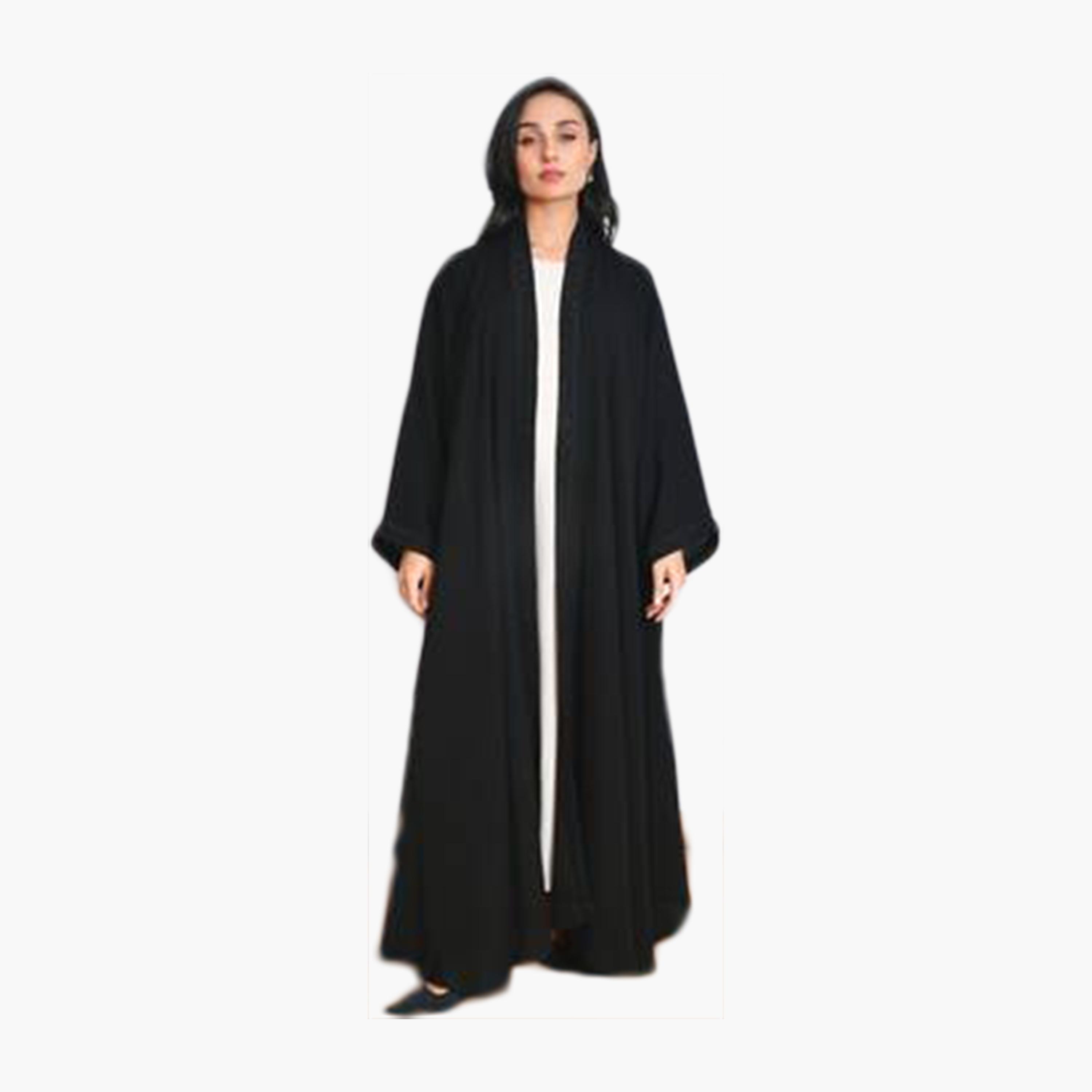 Oya Abaya Black Embroidered Wide Sleeves Linen Women's Half-Cloche Abaya-women-arabicclothing-abayas-image-4