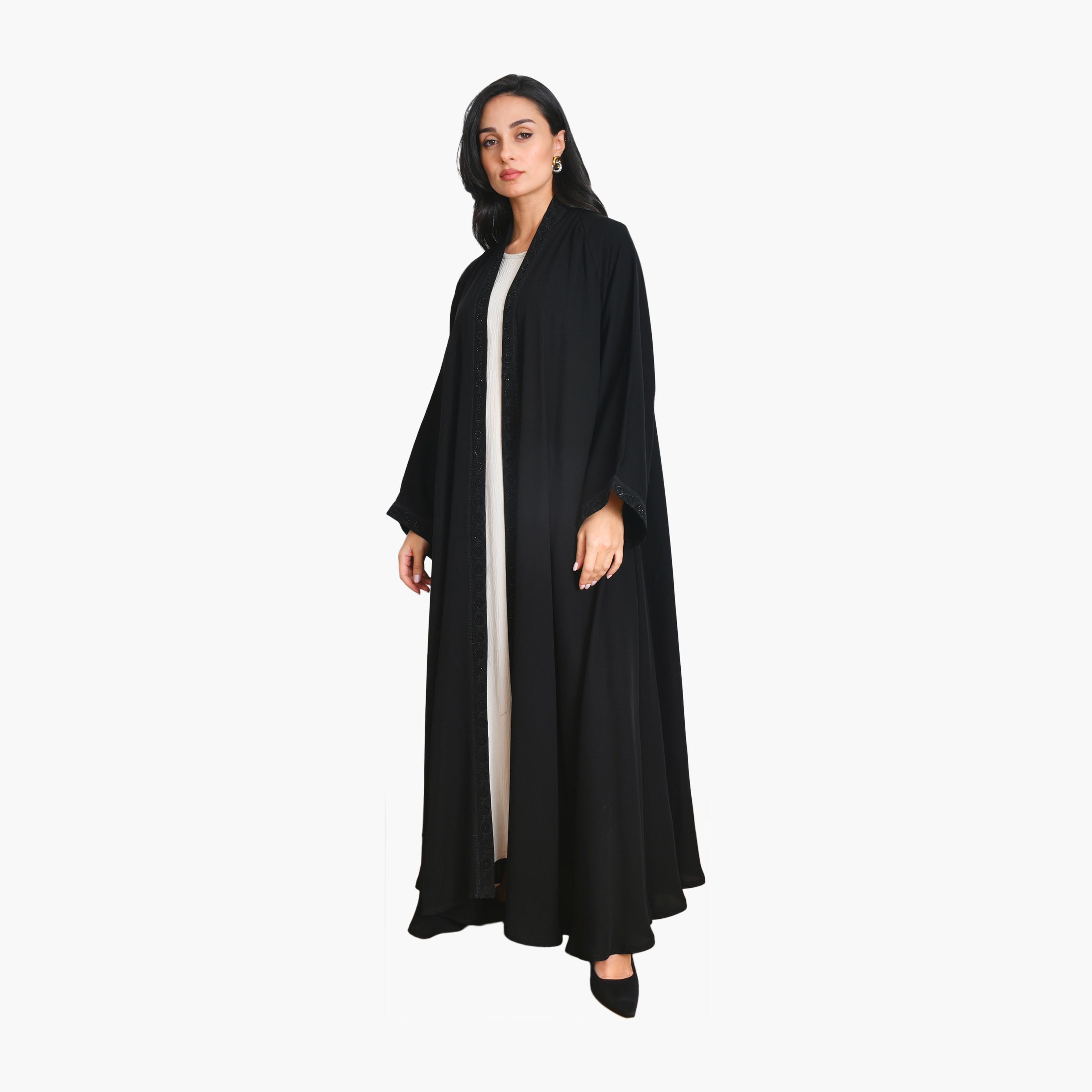 Oya Abaya Black Embroidered Wide Sleeves Linen Women's Half-Cloche Abaya-women-arabicclothing-abayas-image-5