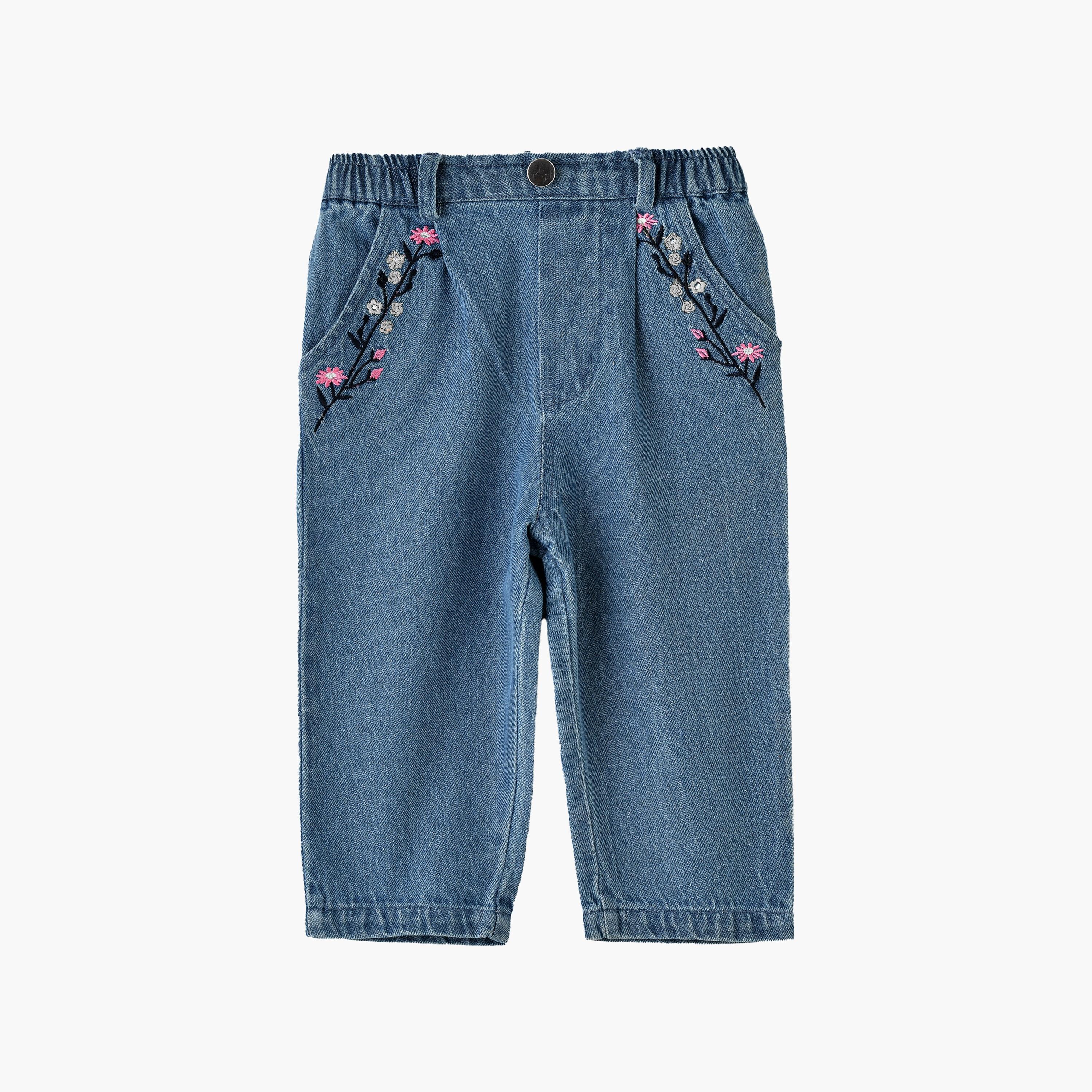 UniqKidz Embroidered Elasticated Jeans-baby-girls-clothing-bottoms-jeans-image-1