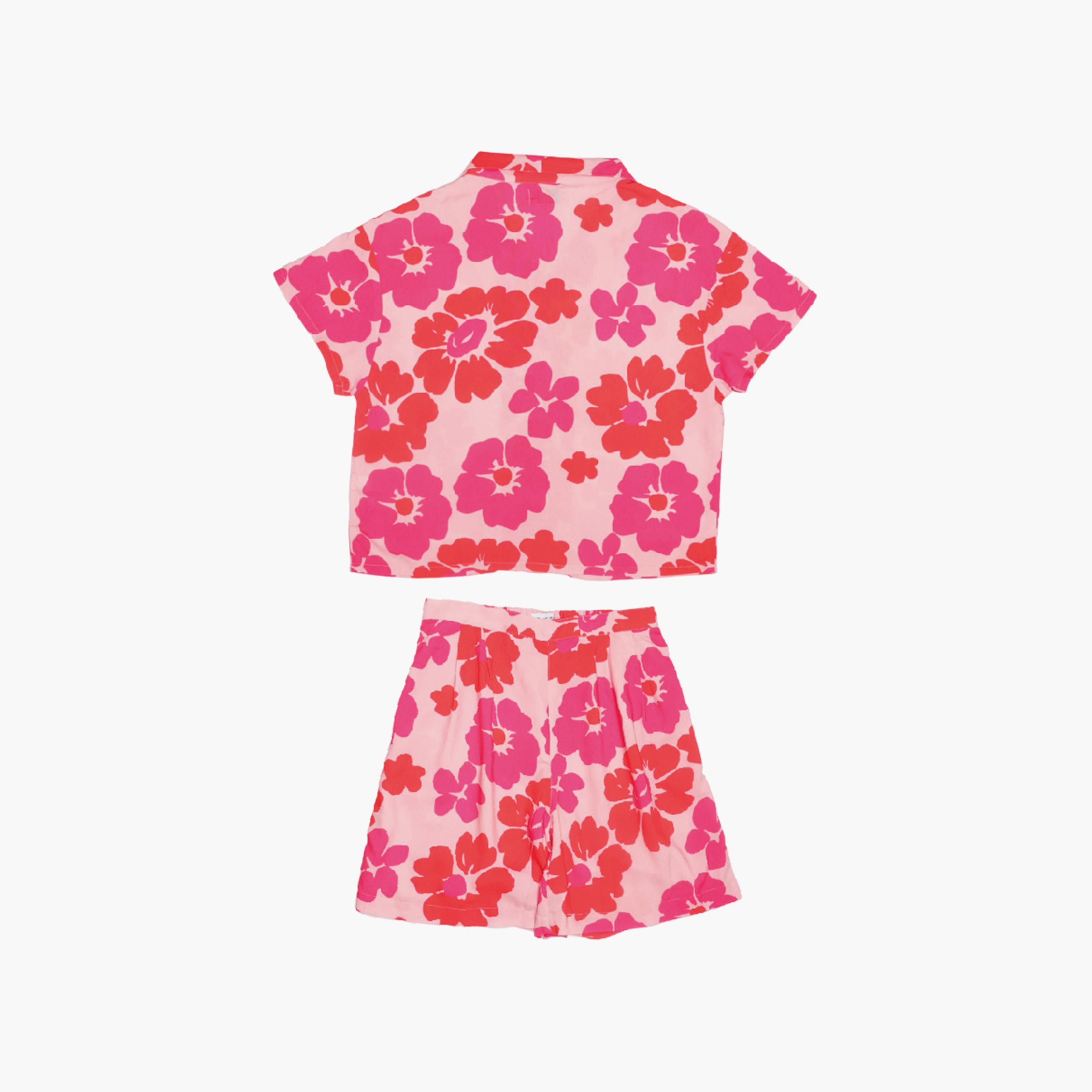 مجموعة بلوزة وقميص بأكمام قصيرة وطبعة زهور مع شورت 3 قطع من أيكو-girls-clothing-setsandcoords-image-3