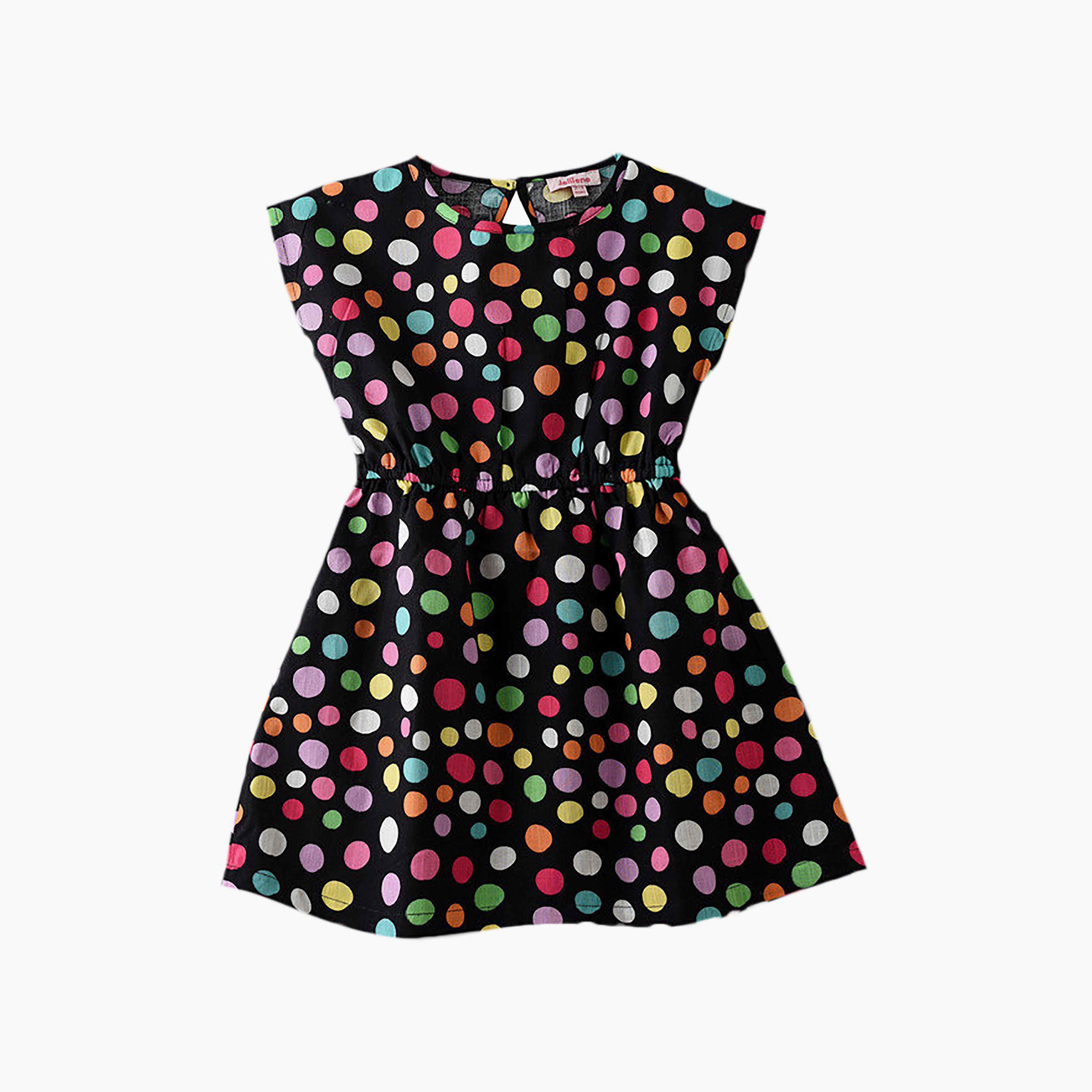 فستان قطن بأكمام قصيرة وطبعة بولكا دوت منقطة من يونيك كيدز-girls-clothing-dressesandjumpsuits-image-1