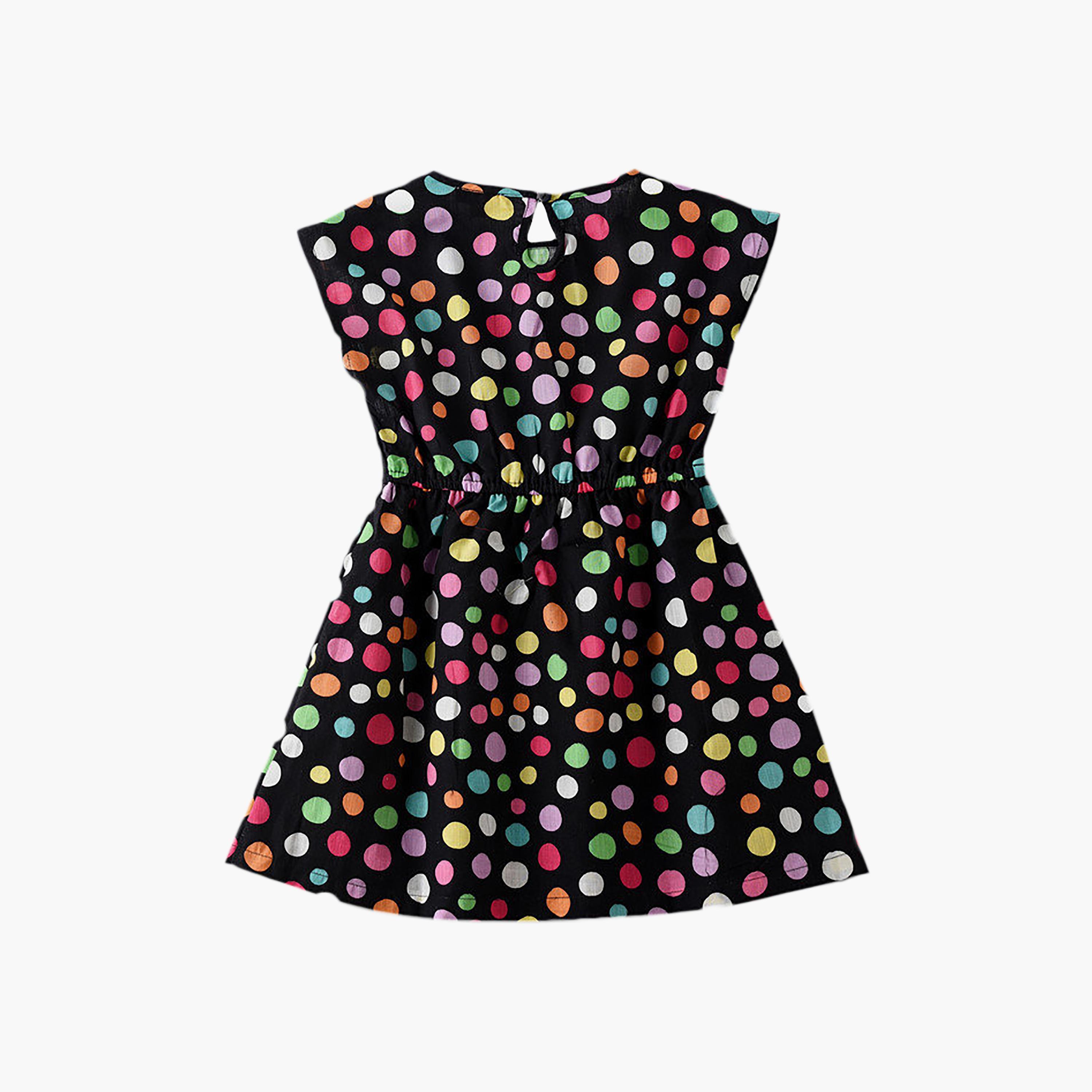 فستان قطن بأكمام قصيرة وطبعة بولكا دوت منقطة من يونيك كيدز-girls-clothing-dressesandjumpsuits-image-2