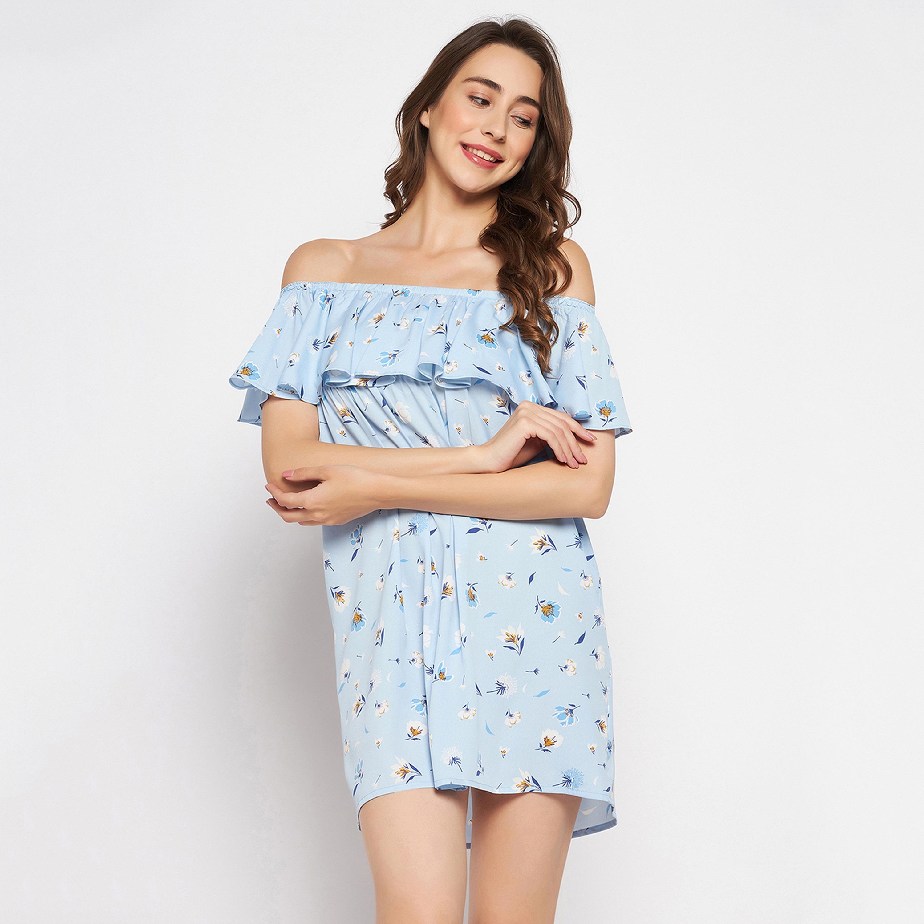 Clovia Pretty Floral Resortwear Bardot Women's Dress in Baby Blue - Crepe-women-clothing-swimandbeach-beach-beachwear-image-1