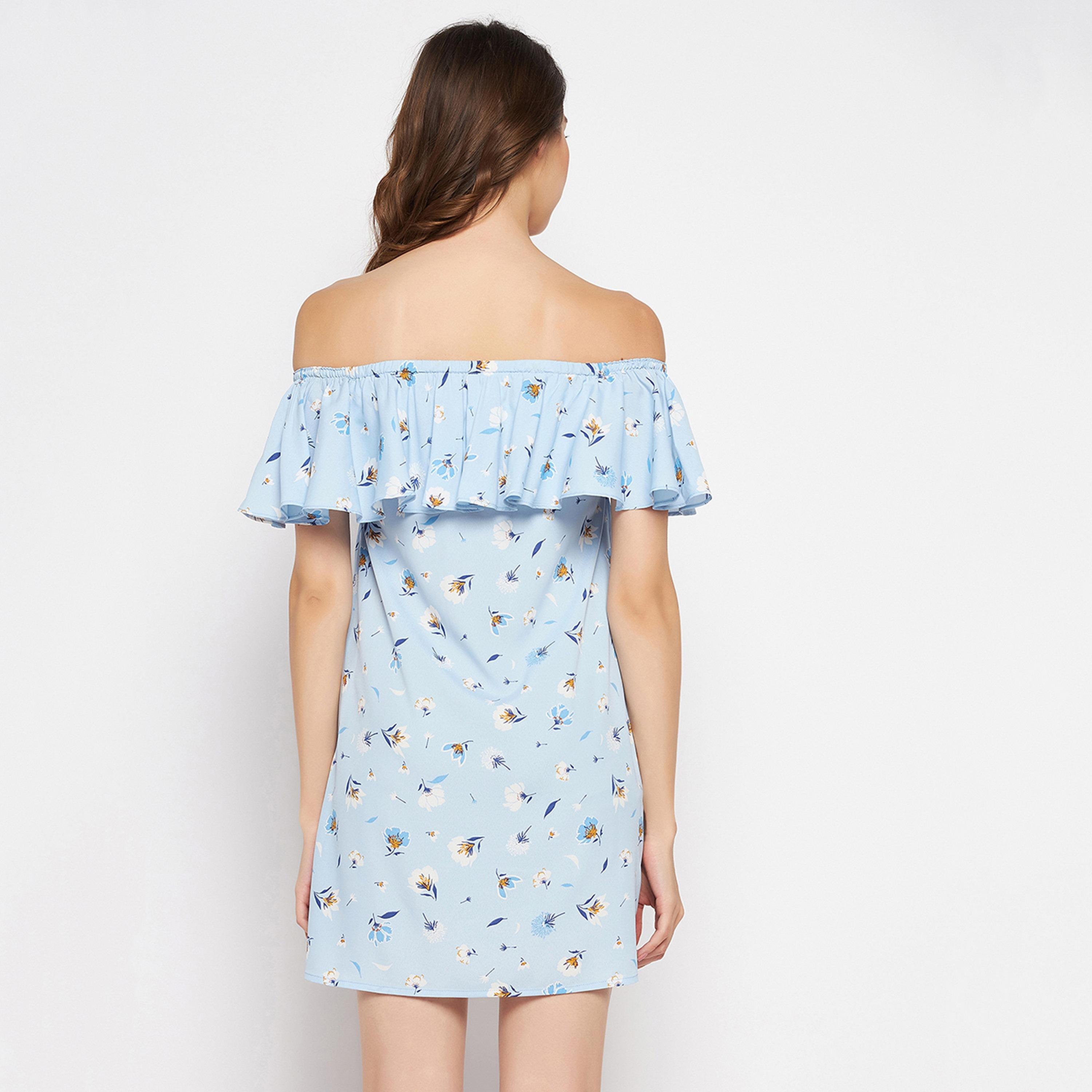 Clovia Pretty Floral Resortwear Bardot Women's Dress in Baby Blue - Crepe-women-clothing-swimandbeach-beach-beachwear-image-5
