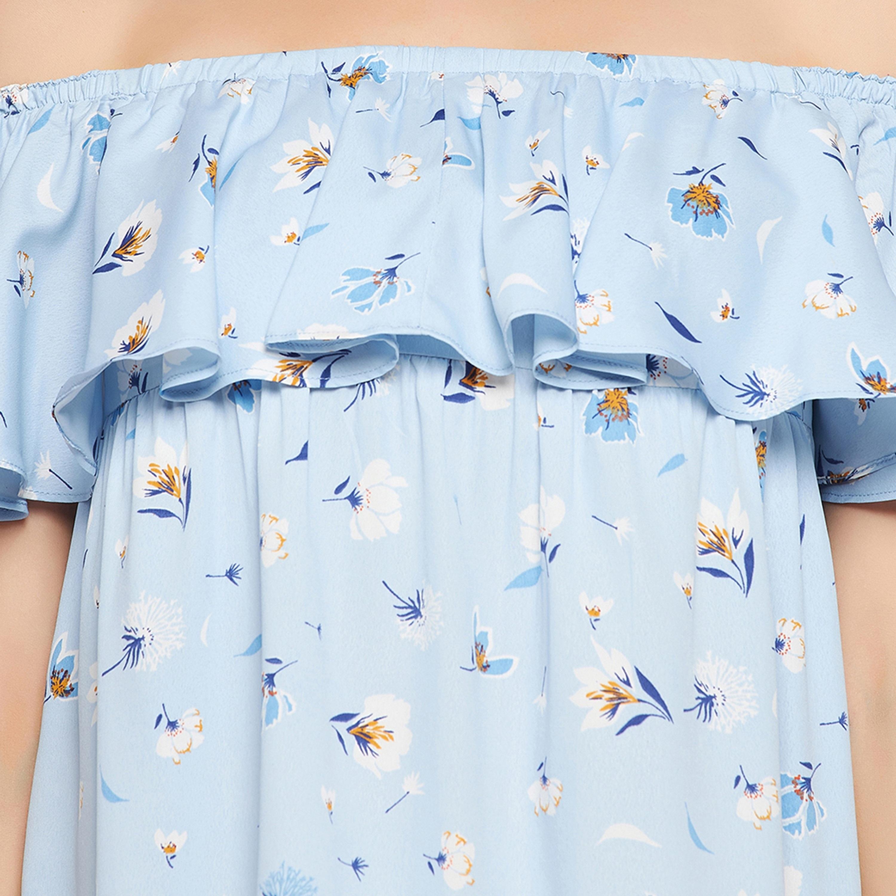 Clovia Pretty Floral Resortwear Bardot Women's Dress in Baby Blue - Crepe-women-clothing-swimandbeach-beach-beachwear-image-6
