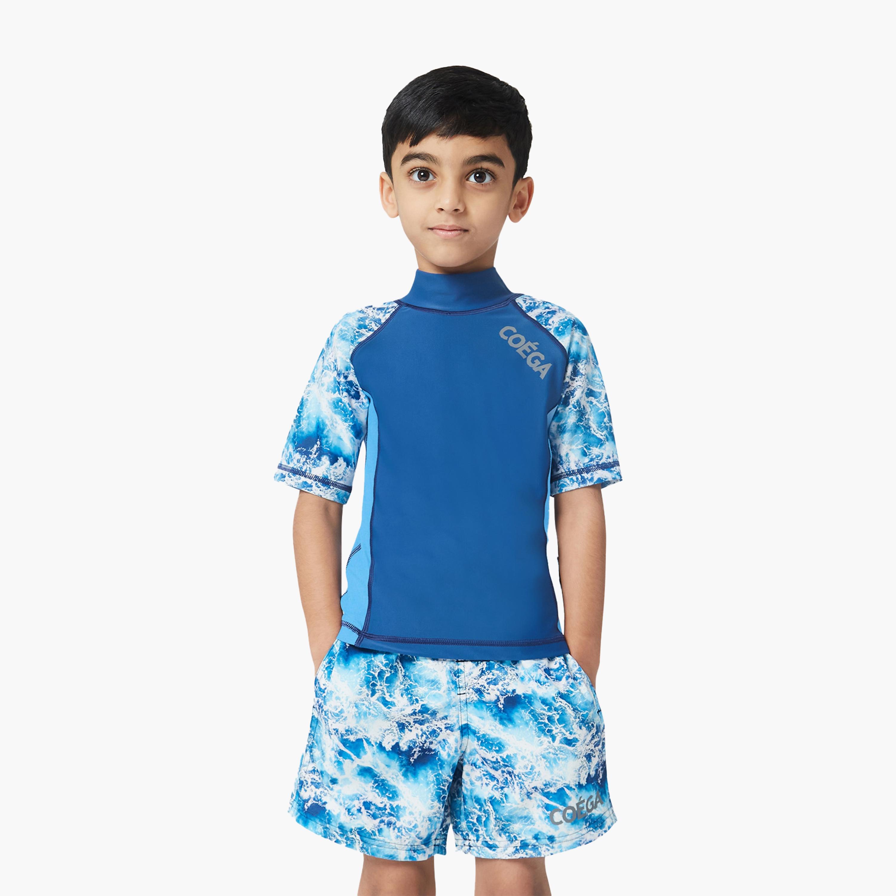 COEGA Boys Kids Rashguard Short Sleeve, Navy Waves-sports-gear-swimming-boy-image-1