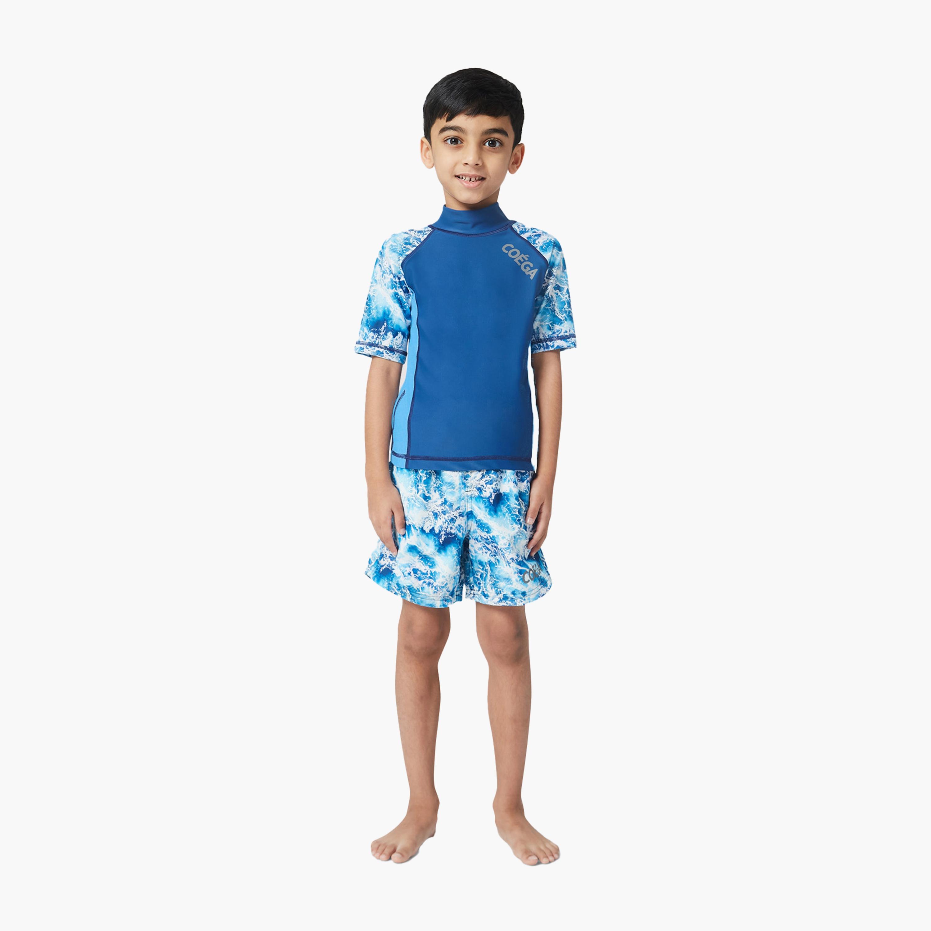 COEGA Boys Kids Rashguard Short Sleeve, Navy Waves-sports-gear-swimming-boy-image-2