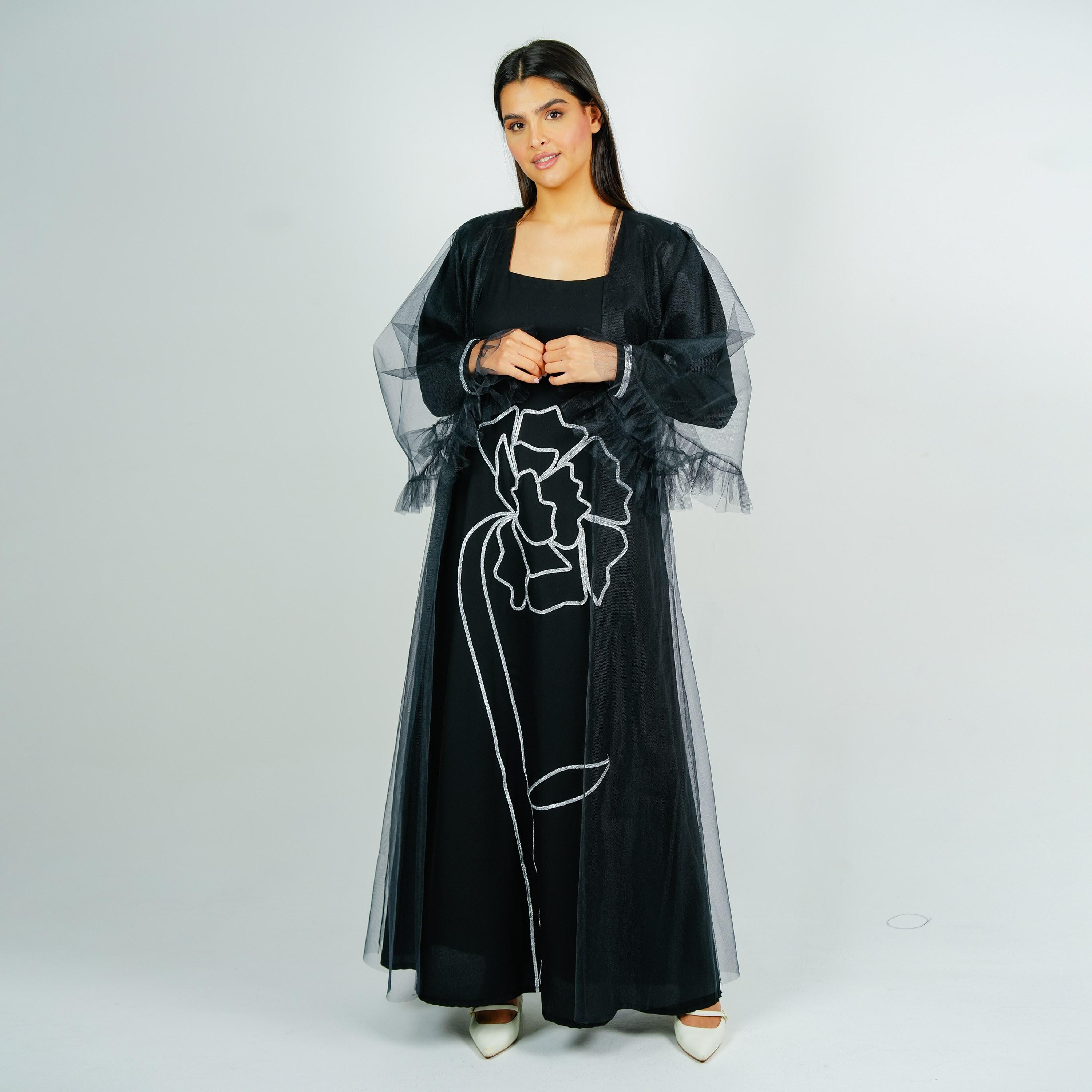 جلابية سهرة مطرزة بياقة مربعة من كريب باربي مع جاكيت شفاف من روزيت عباية-women-arabicclothing-jalabiyas-image-1