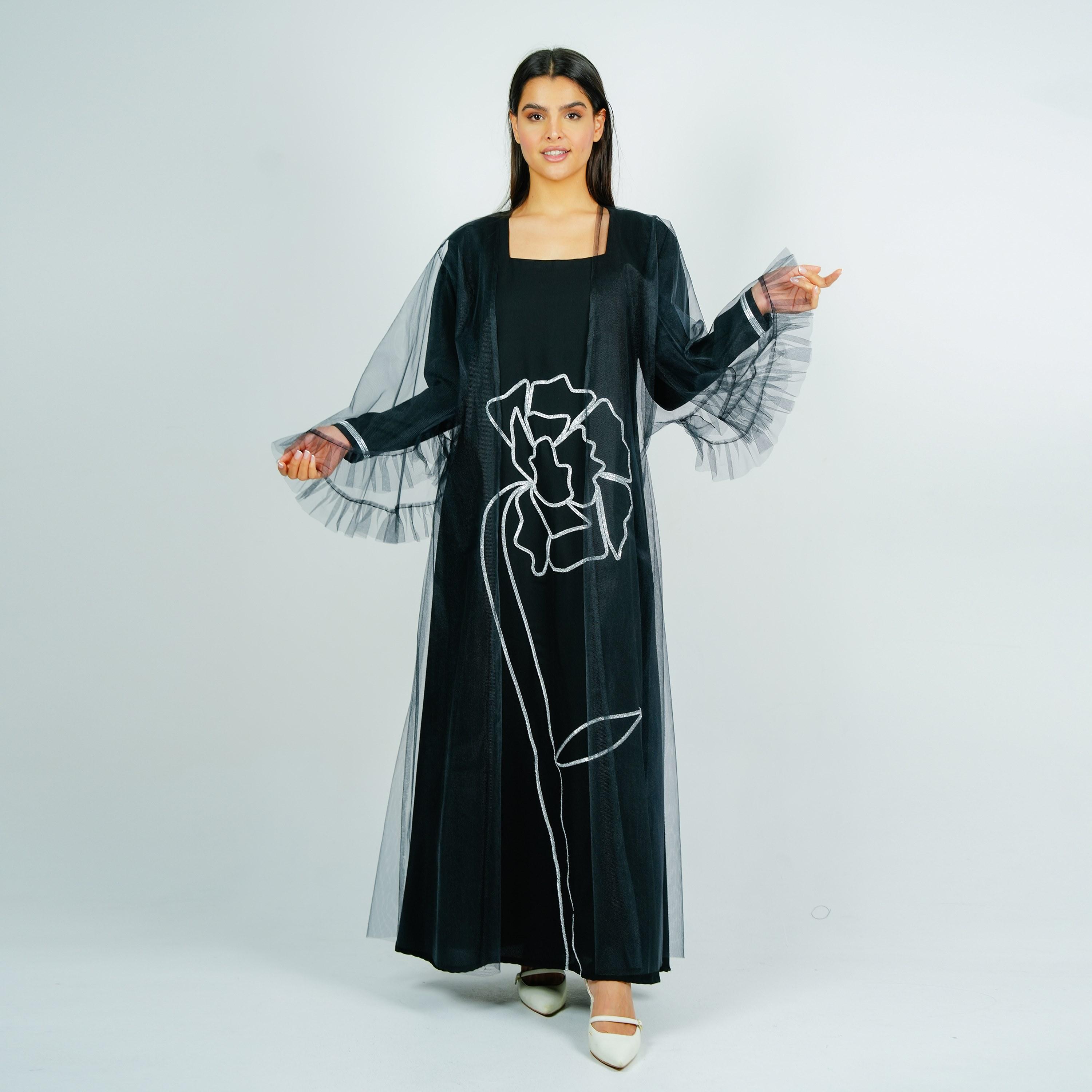 جلابية سهرة مطرزة بياقة مربعة من كريب باربي مع جاكيت شفاف من روزيت عباية-women-arabicclothing-jalabiyas-image-4