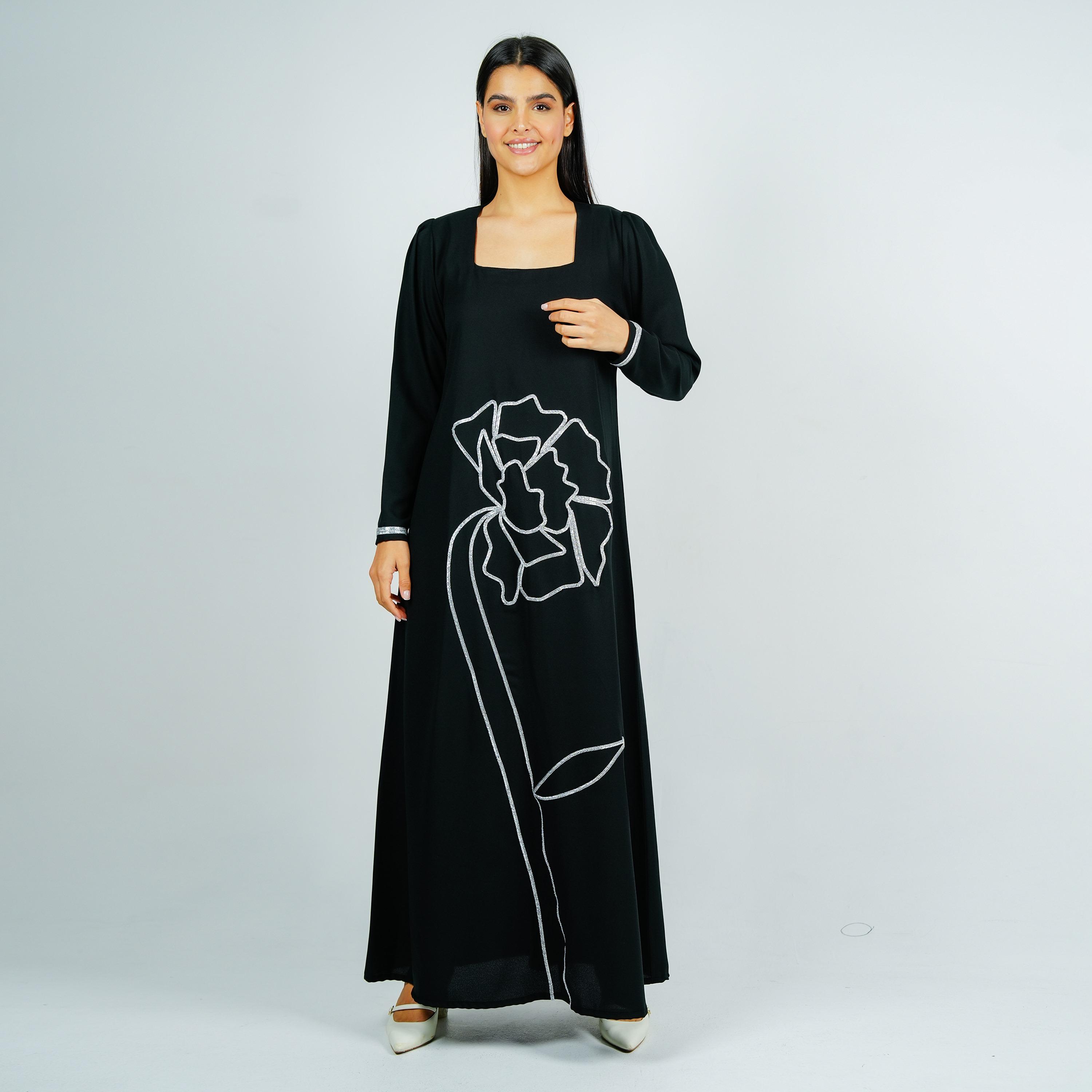 جلابية سهرة مطرزة بياقة مربعة من كريب باربي مع جاكيت شفاف من روزيت عباية-women-arabicclothing-jalabiyas-image-5