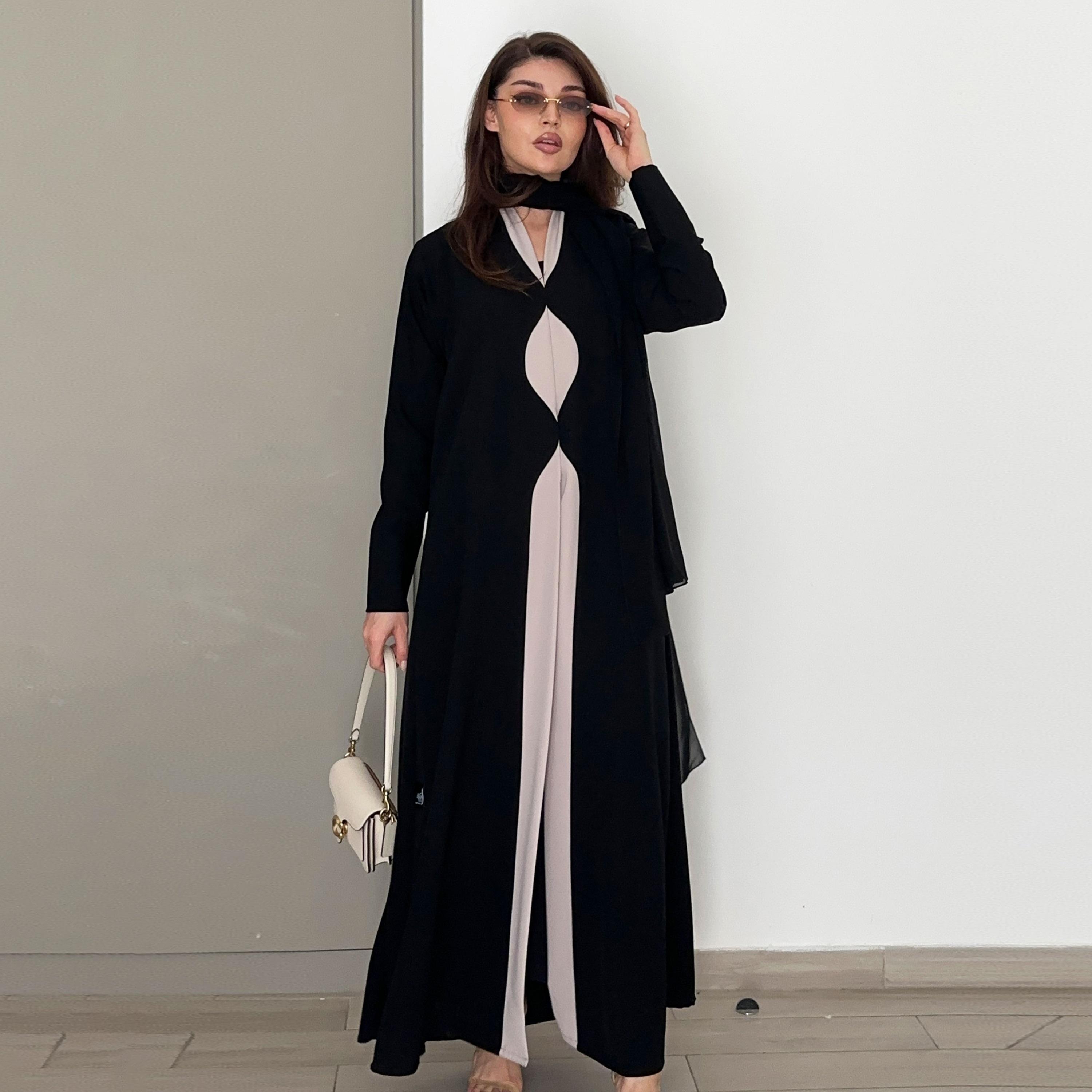 Rosette Abaya Black Colour-Blocked Barbie Crepe Abaya-women-arabicclothing-abayas-image-1