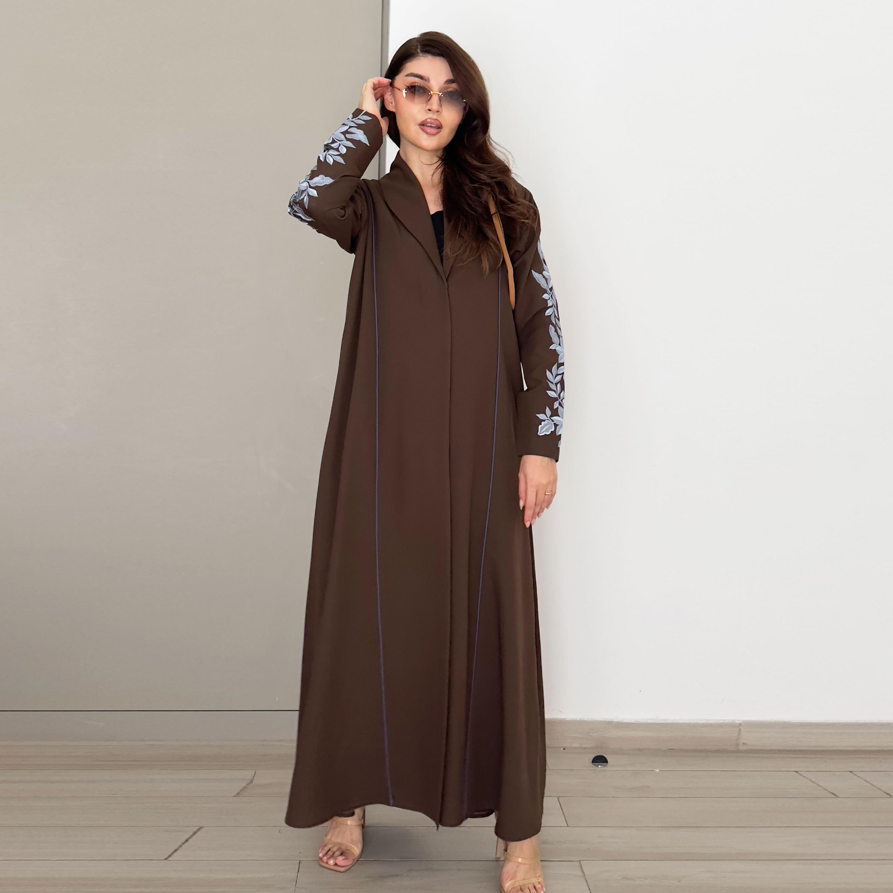 Rosette Abaya Brown Floral Embroidered Lapel Collar Barbie Crepe Formal Coat Style Abaya-women-arabicclothing-abayas-image-1