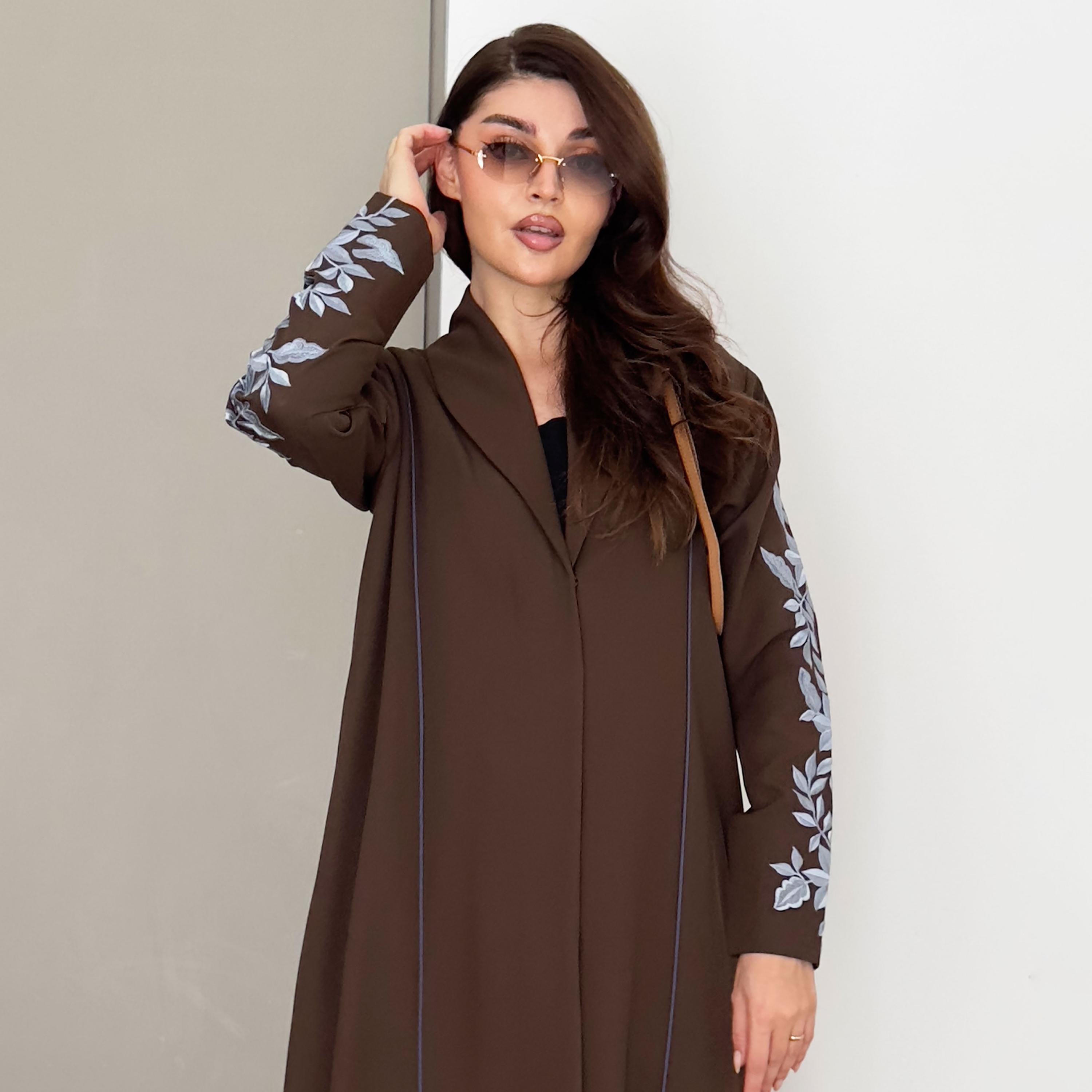 Rosette Abaya Brown Floral Embroidered Lapel Collar Barbie Crepe Formal Coat Style Abaya-women-arabicclothing-abayas-image-2