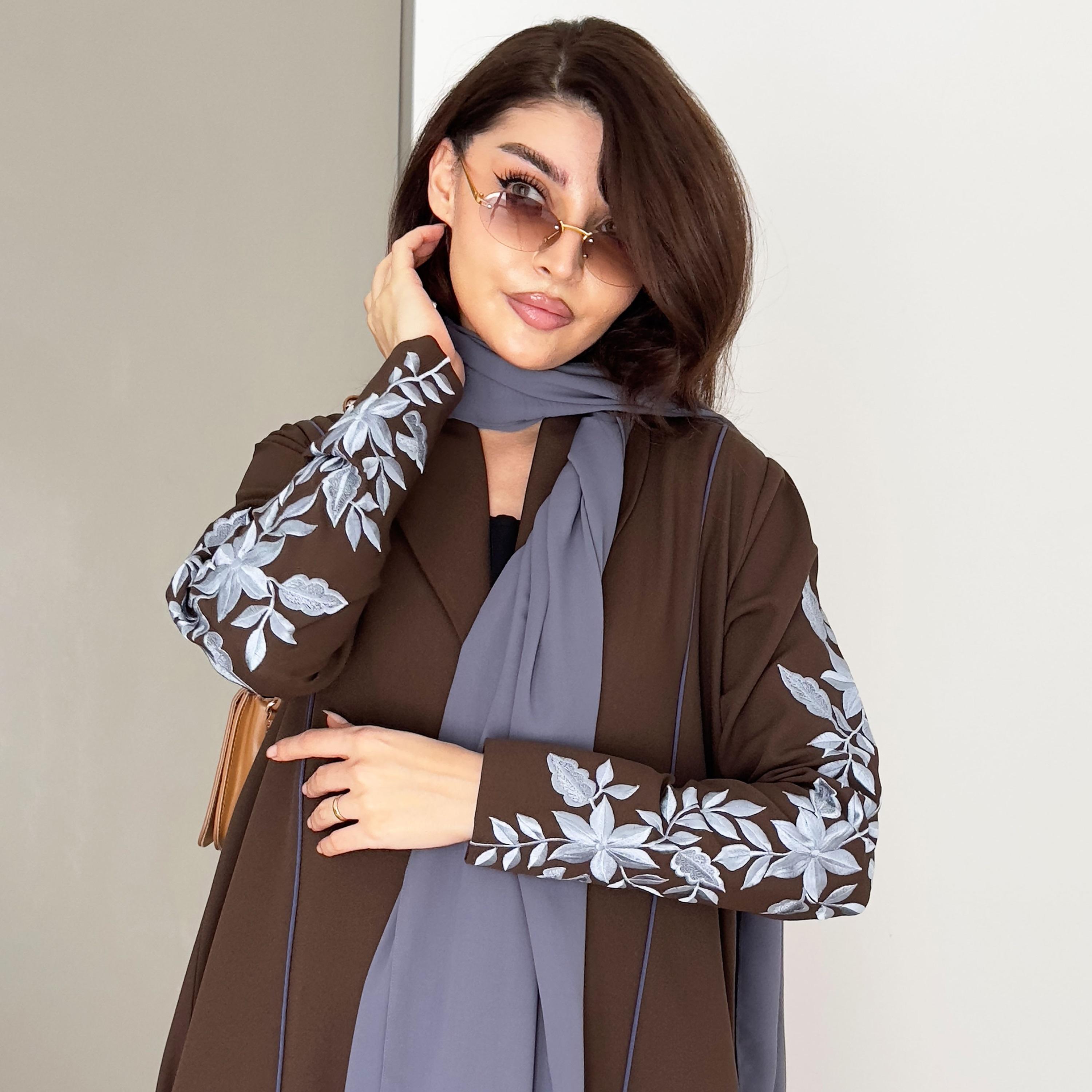 Rosette Abaya Brown Floral Embroidered Lapel Collar Barbie Crepe Formal Coat Style Abaya-women-arabicclothing-abayas-image-3
