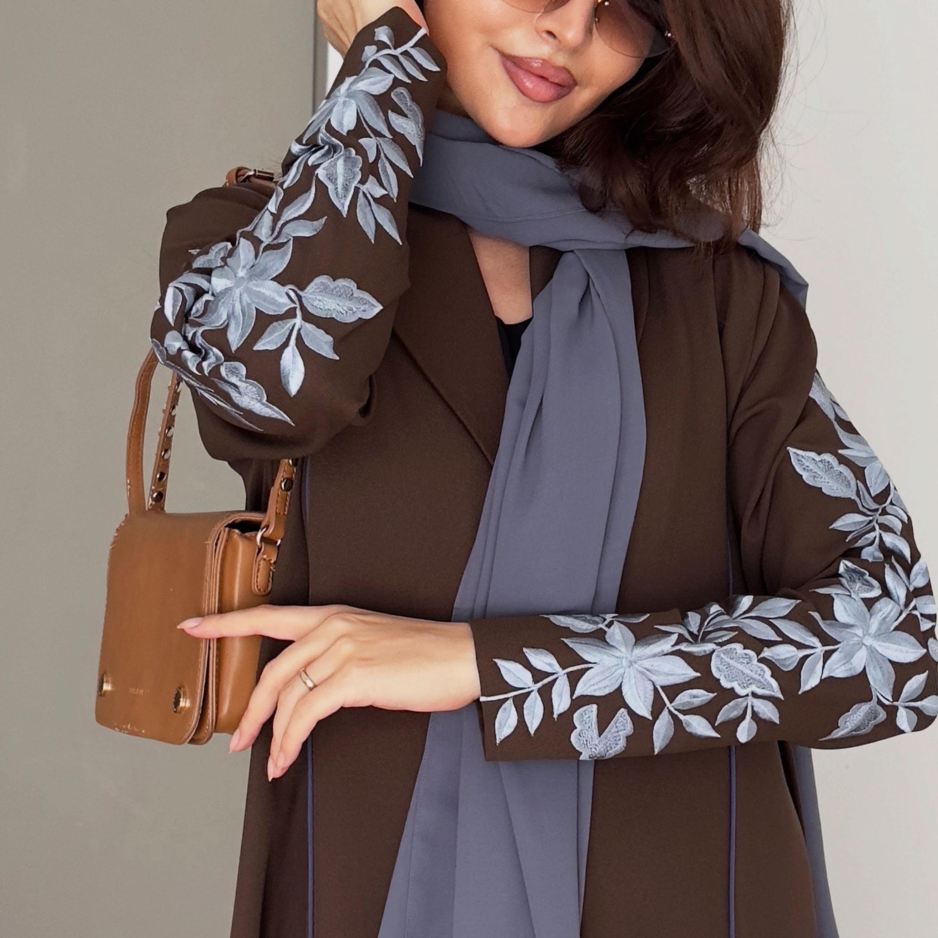 Rosette Abaya Brown Floral Embroidered Lapel Collar Barbie Crepe Formal Coat Style Abaya-women-arabicclothing-abayas-image-4