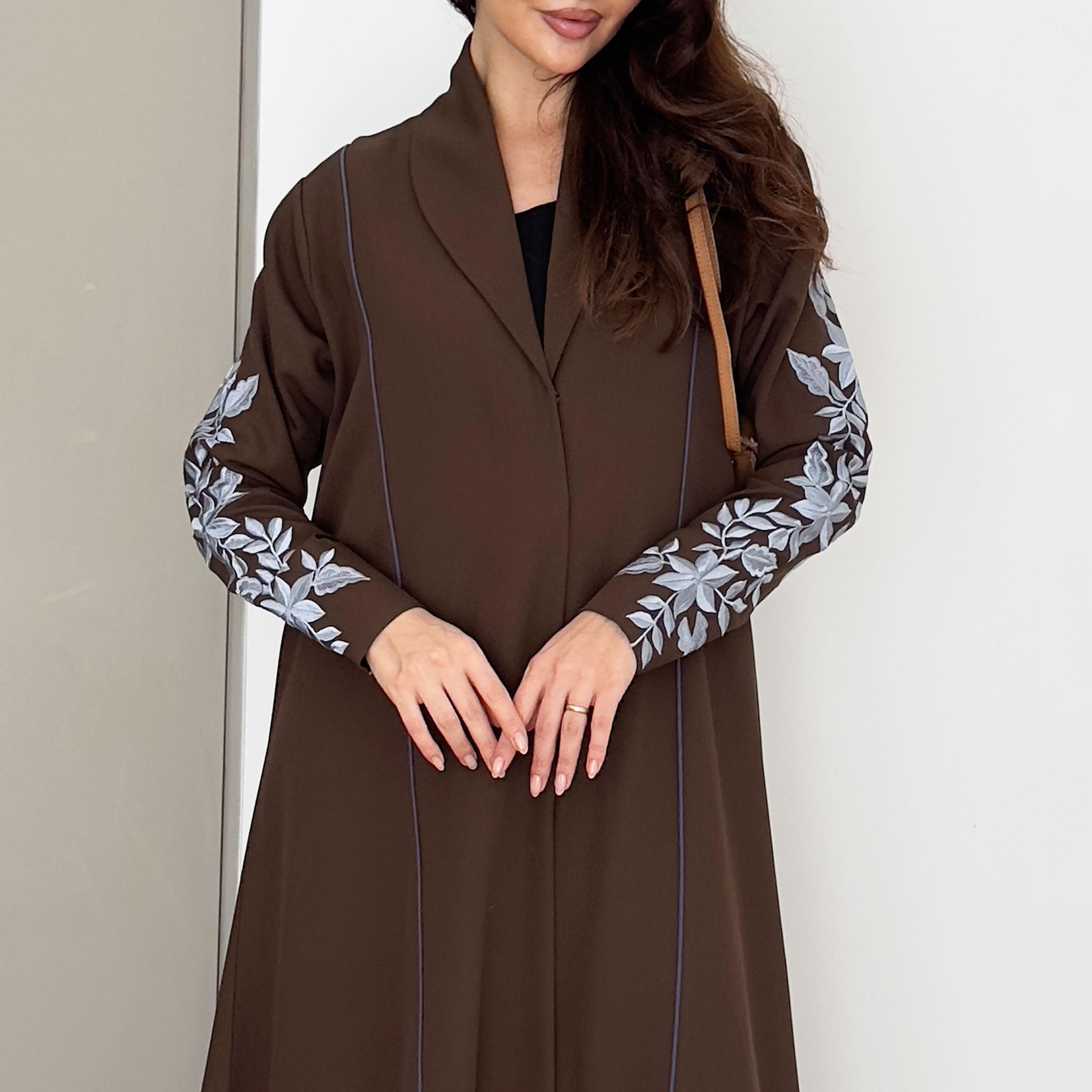 Rosette Abaya Brown Floral Embroidered Lapel Collar Barbie Crepe Formal Coat Style Abaya-women-arabicclothing-abayas-image-5