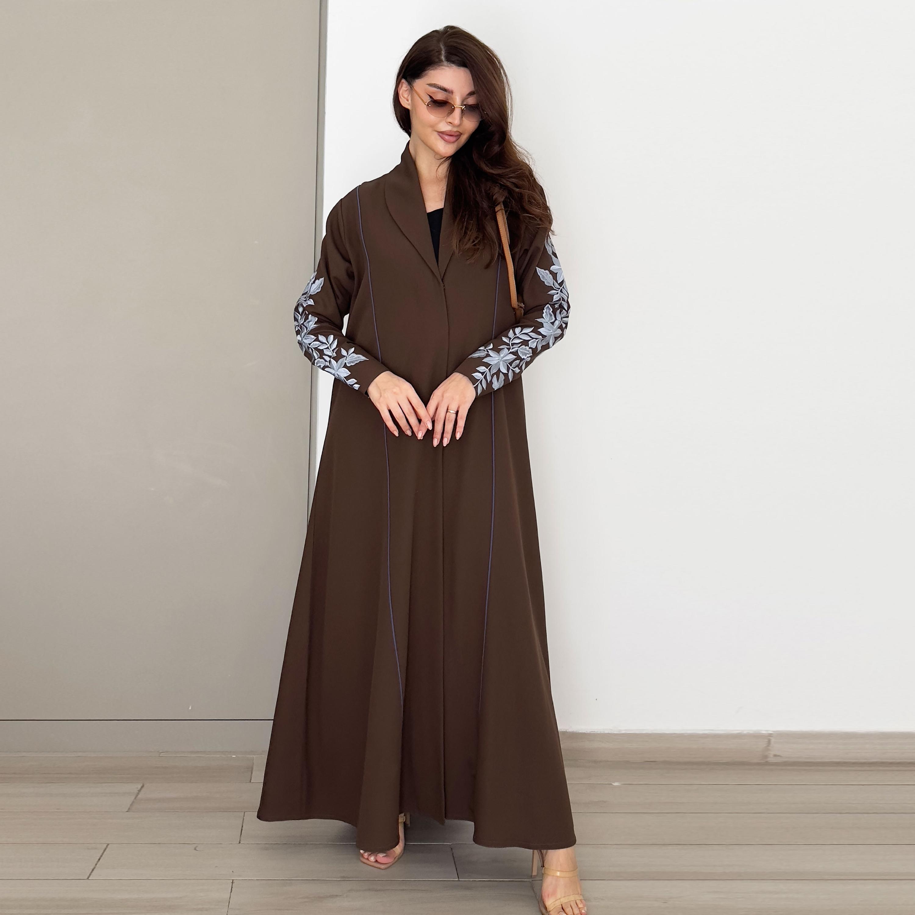Rosette Abaya Brown Floral Embroidered Lapel Collar Barbie Crepe Formal Coat Style Abaya-women-arabicclothing-abayas-image-6
