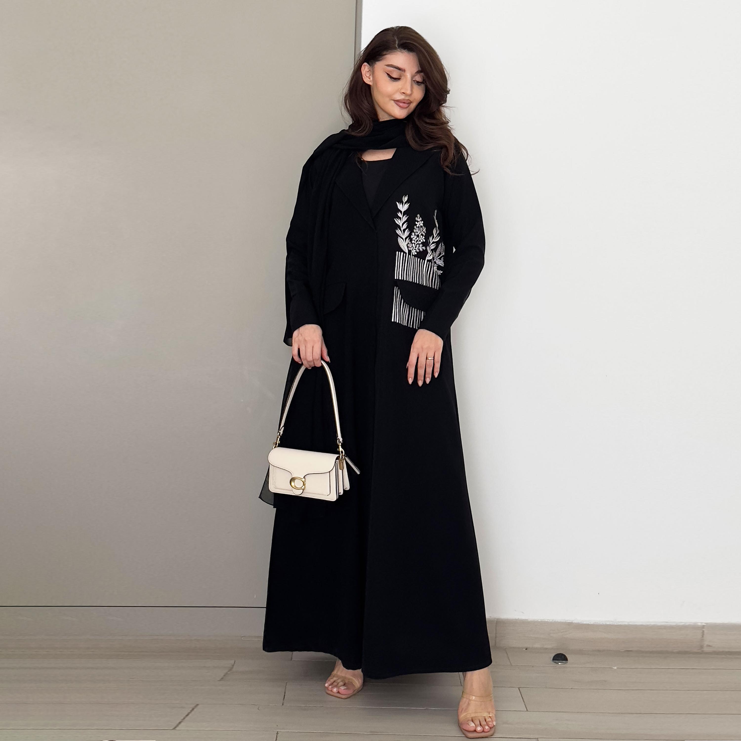 Rosette Abaya Black Embroidered Lapel Collar Barbie Crepe Formal Coat Style Abaya-women-arabicclothing-abayas-image-1