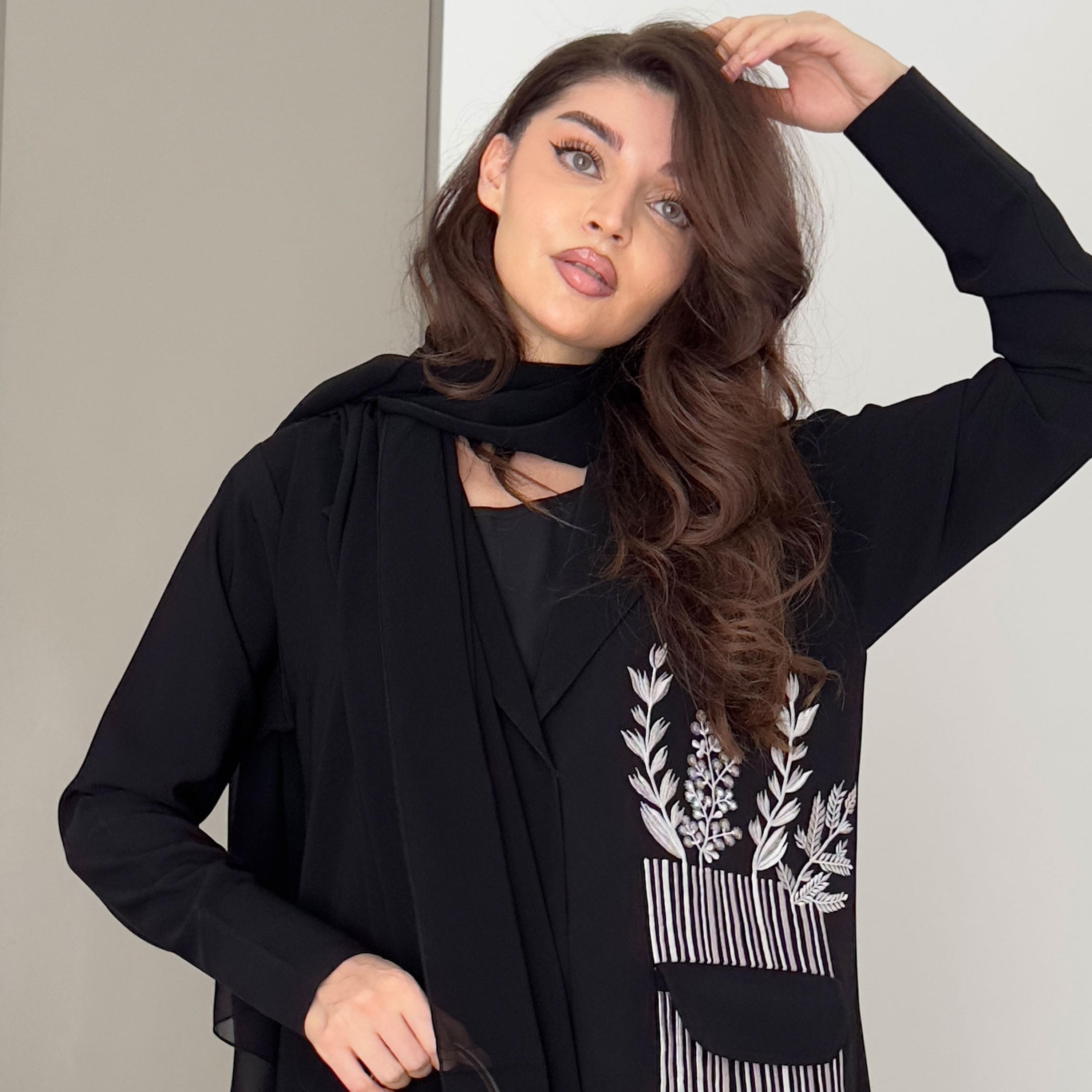 Rosette Abaya Black Embroidered Lapel Collar Barbie Crepe Formal Coat Style Abaya-women-arabicclothing-abayas-image-2