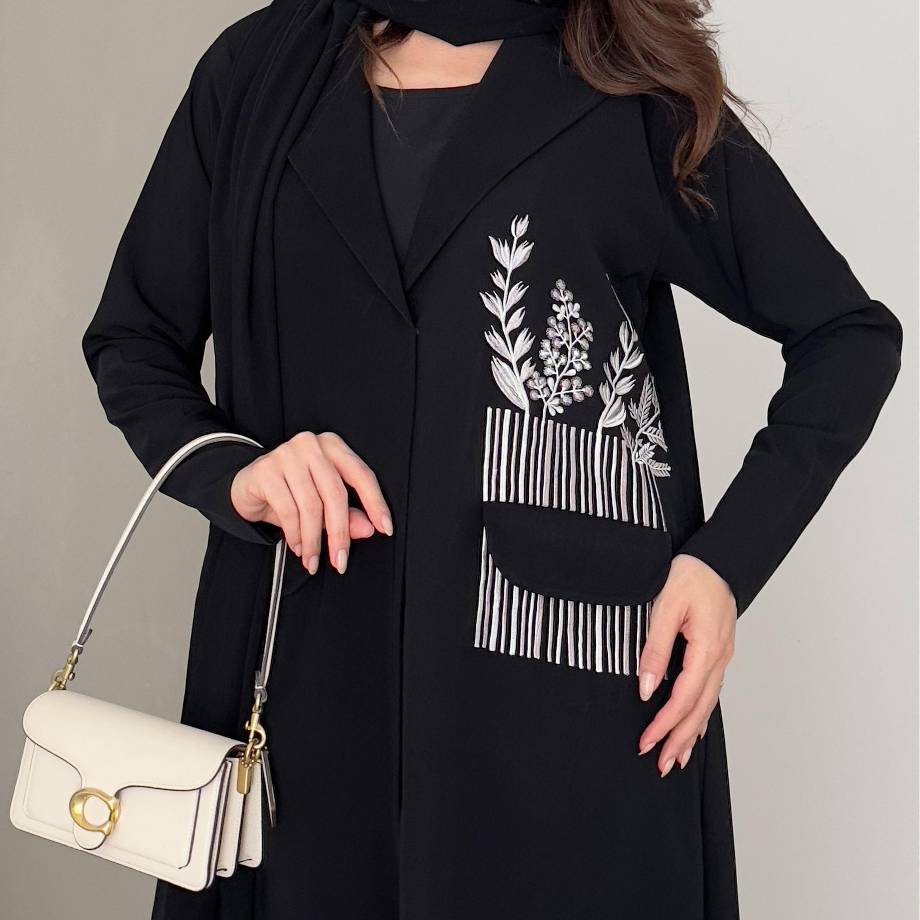 Rosette Abaya Black Embroidered Lapel Collar Barbie Crepe Formal Coat Style Abaya-women-arabicclothing-abayas-image-3