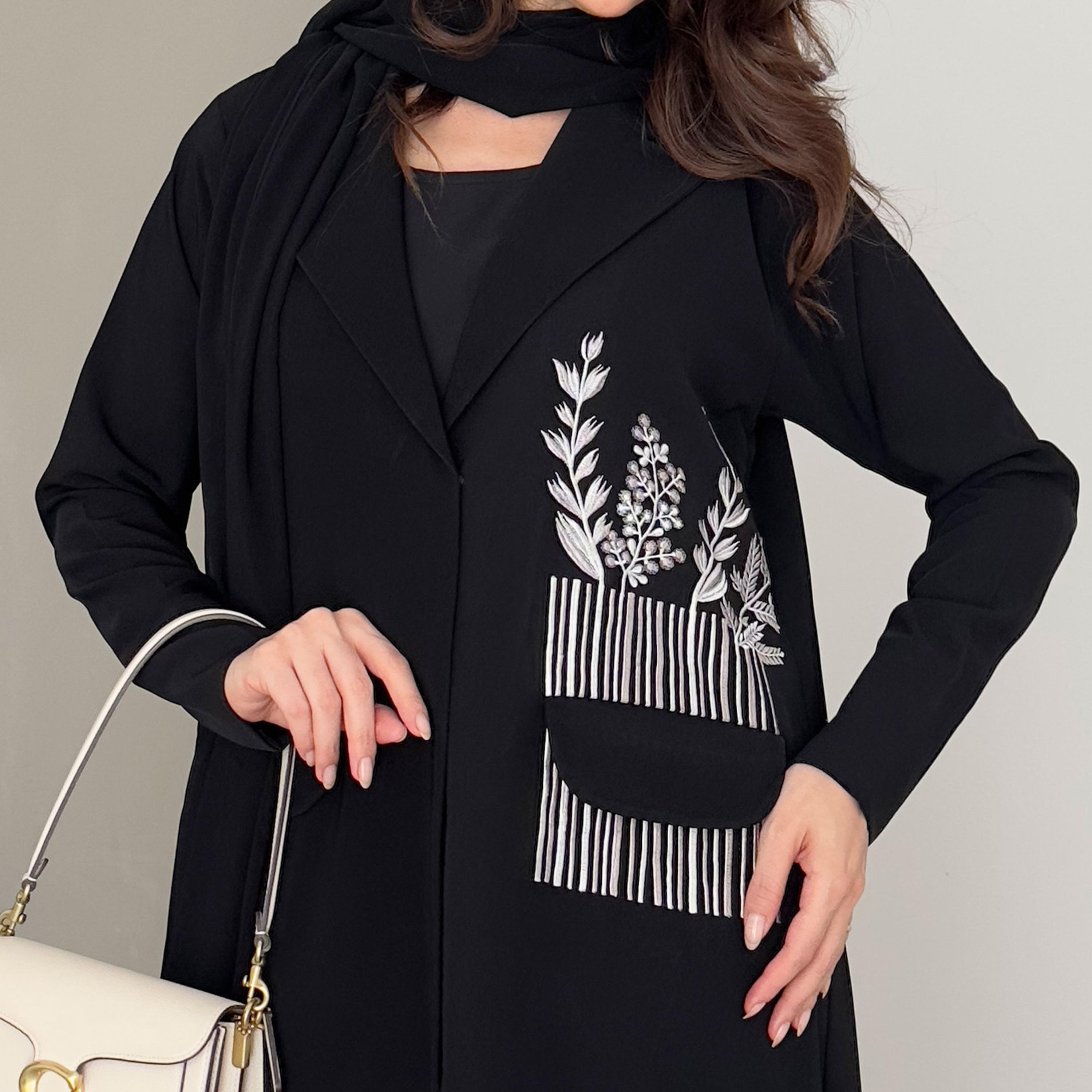 Rosette Abaya Black Embroidered Lapel Collar Barbie Crepe Formal Coat Style Abaya-women-arabicclothing-abayas-image-4