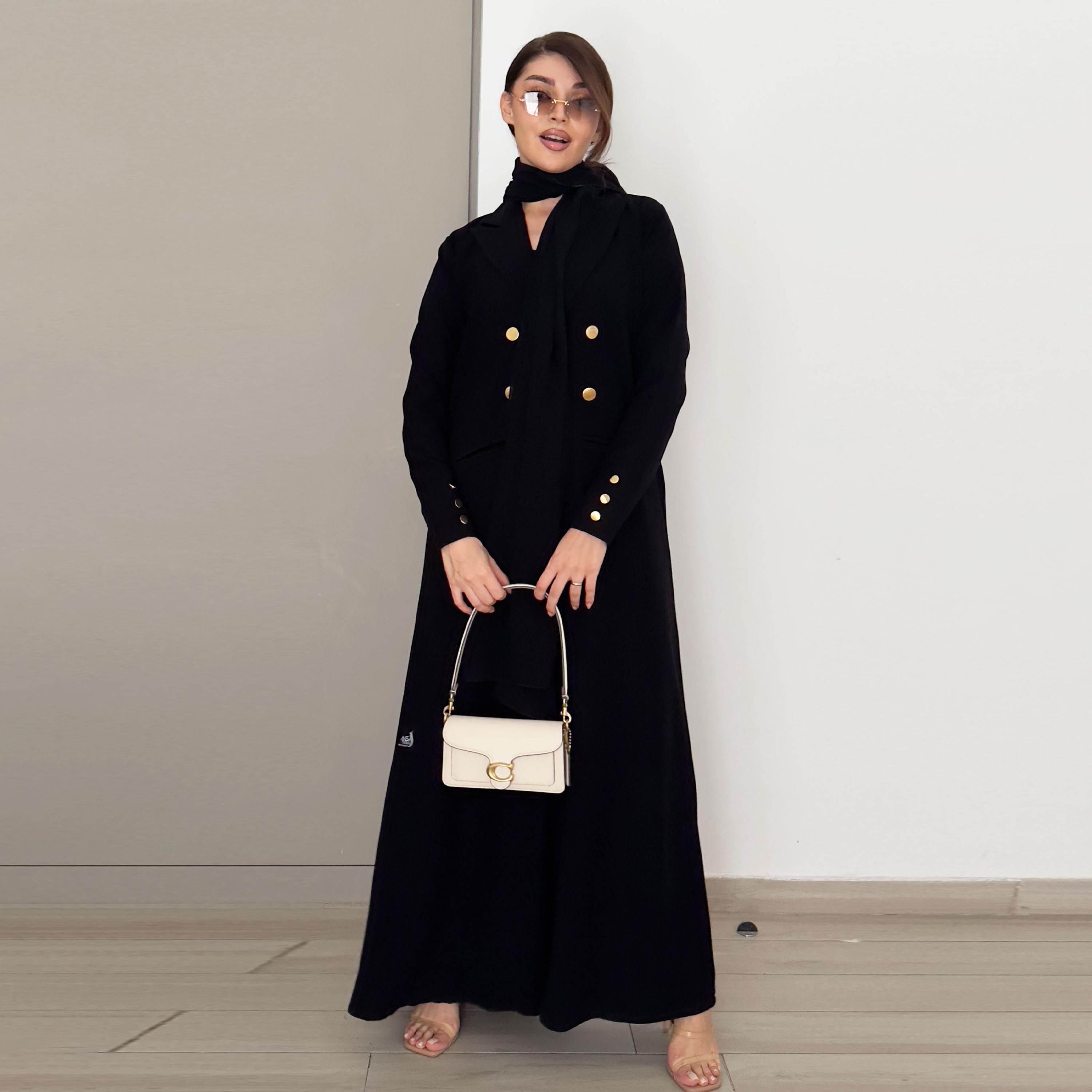 عباية رسمية بتصميم معطف قماش ندى بياقة لا بيل باللون الأسود من روزيت عباية-women-arabicclothing-abayas-image-1