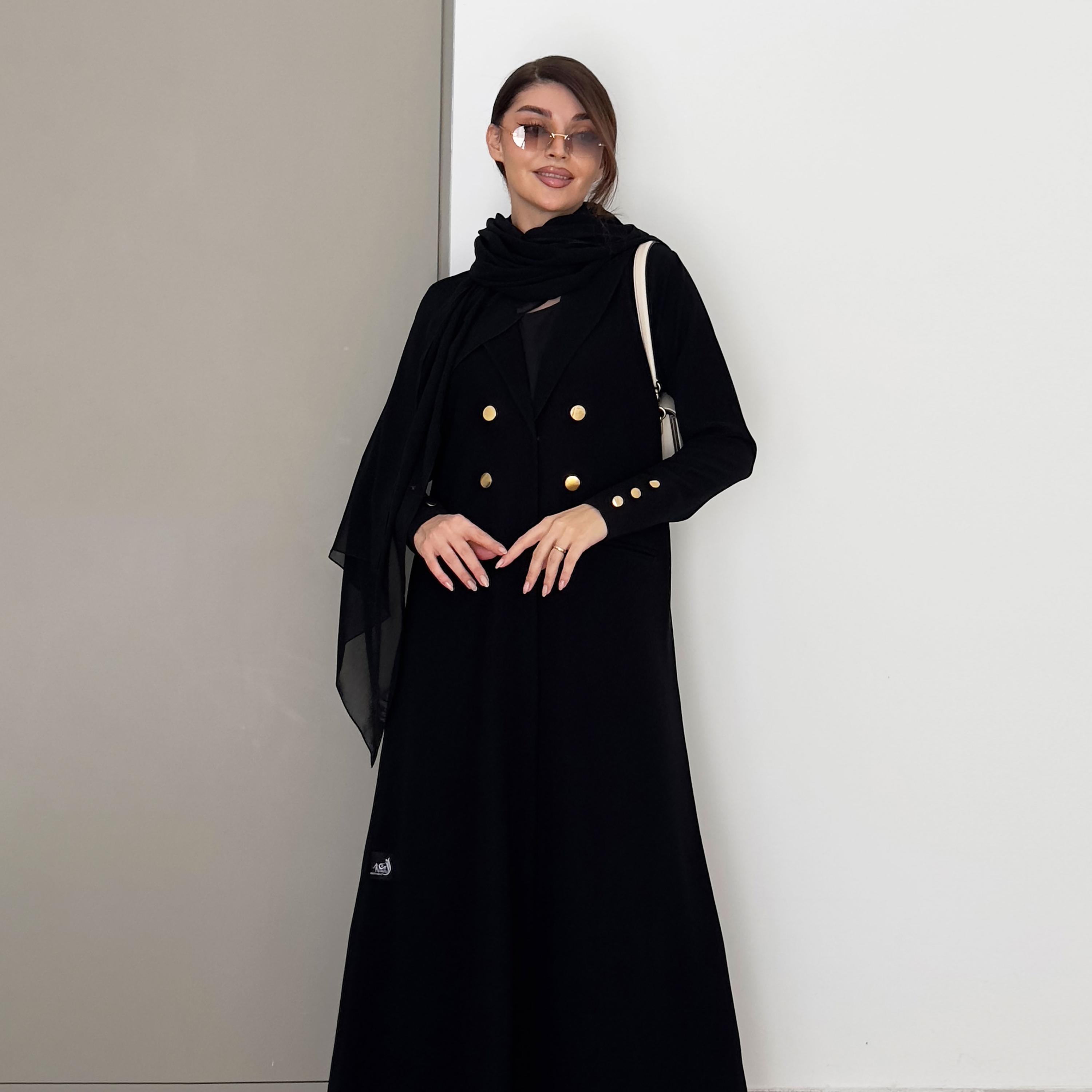 عباية رسمية بتصميم معطف قماش ندى بياقة لا بيل باللون الأسود من روزيت عباية-women-arabicclothing-abayas-image-2