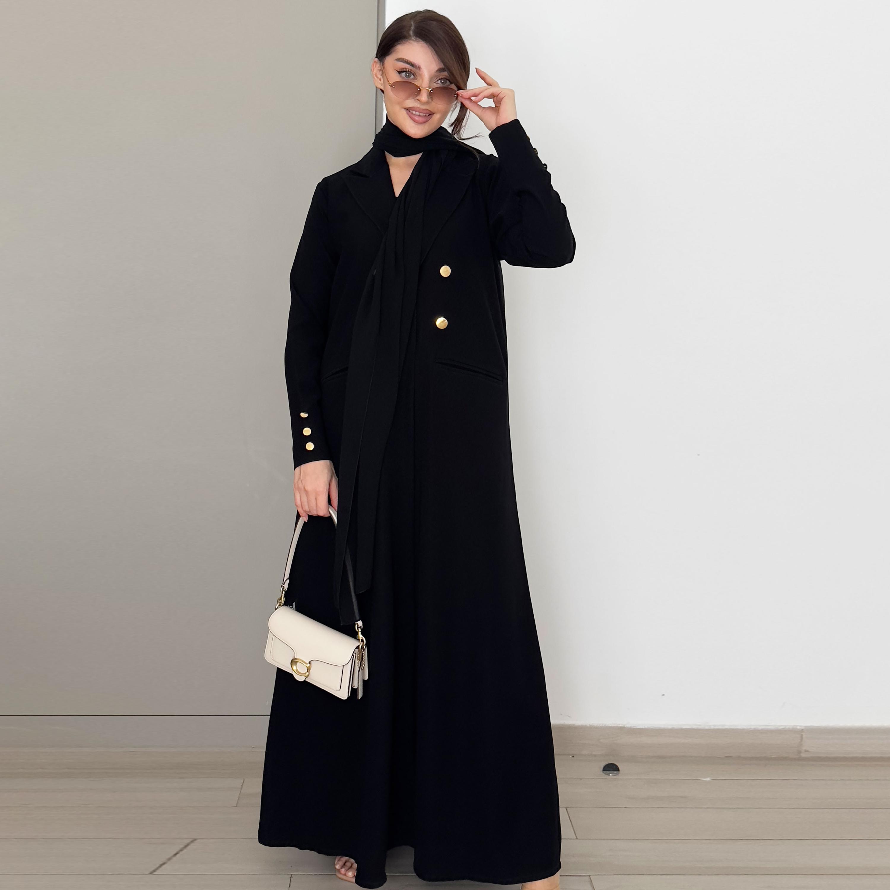 عباية رسمية بتصميم معطف قماش ندى بياقة لا بيل باللون الأسود من روزيت عباية-women-arabicclothing-abayas-image-4