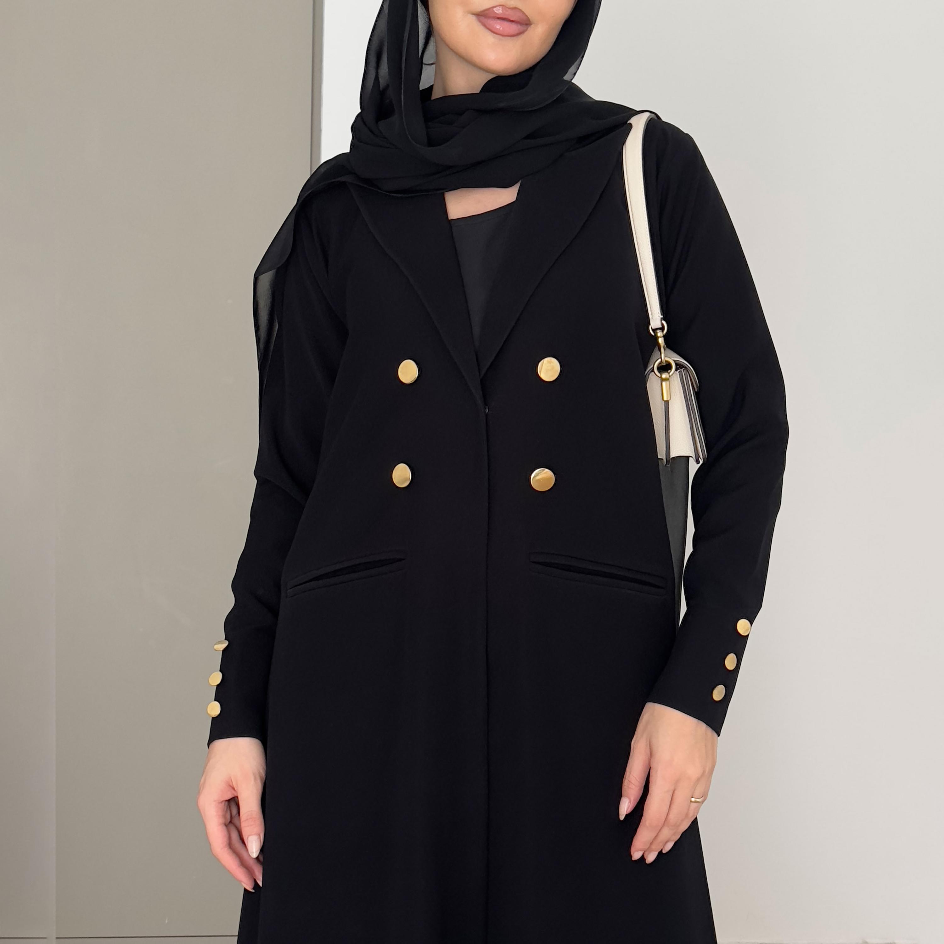 عباية رسمية بتصميم معطف قماش ندى بياقة لا بيل باللون الأسود من روزيت عباية-women-arabicclothing-abayas-image-5