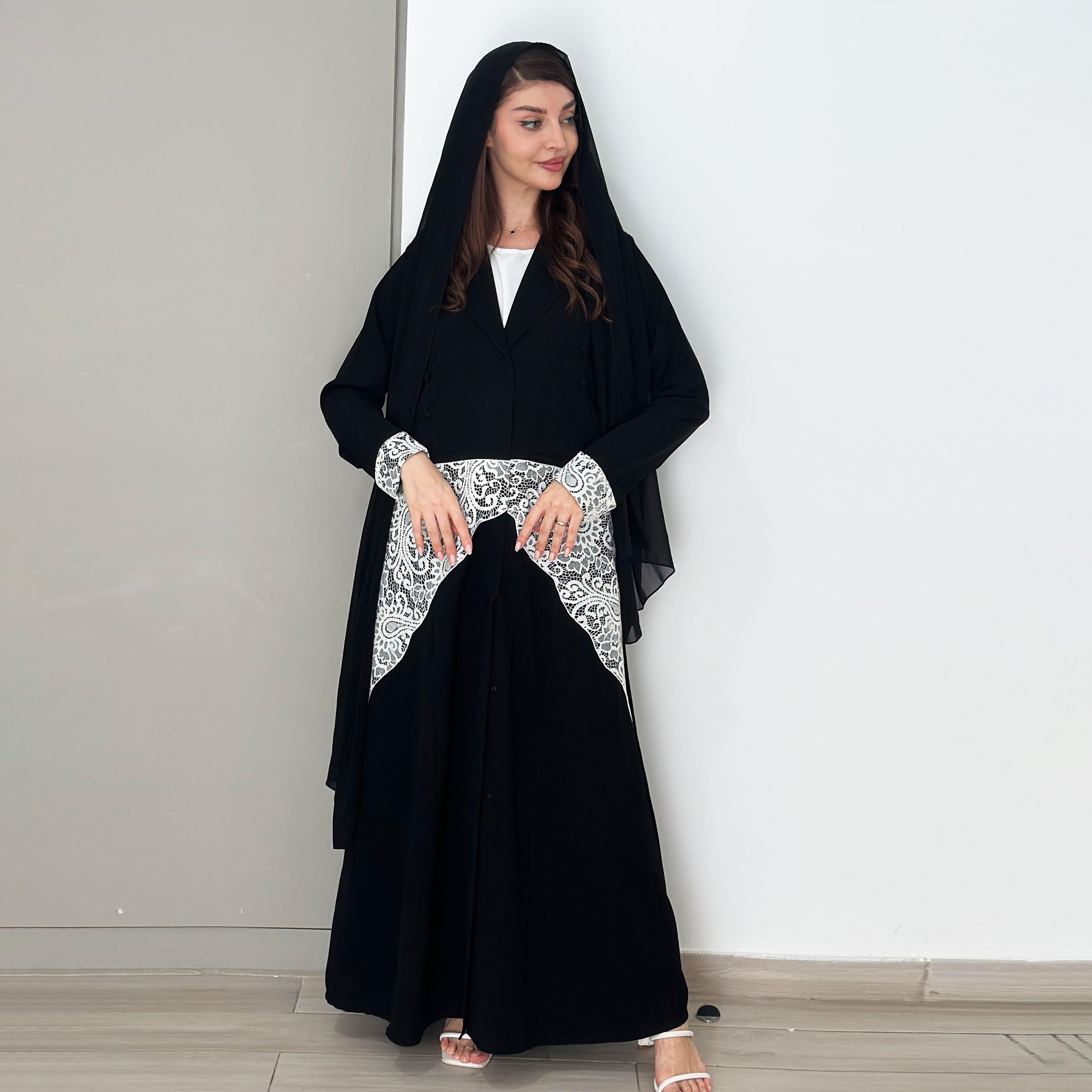 عباية رسمية بتصميم معطف كريب بياقة لا بيل مخططة ودانتيل بيزلي من روزيت عباية-women-arabicclothing-abayas-image-1