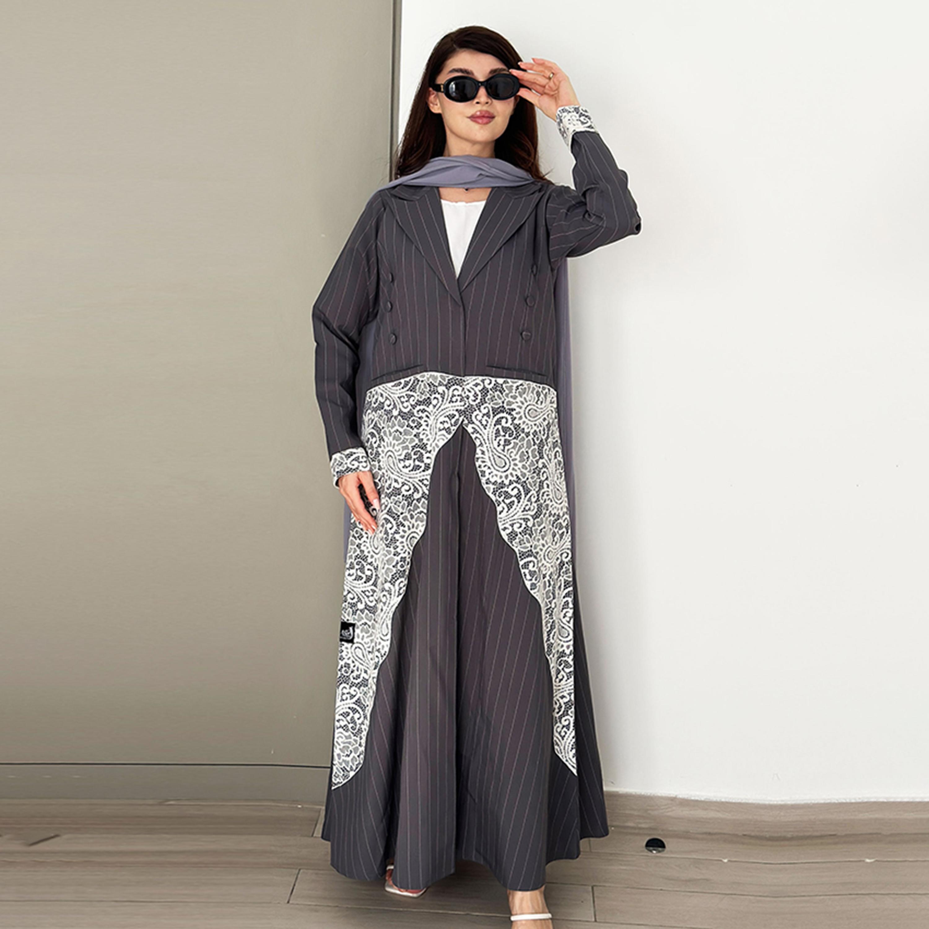 عباية رسمية بتصميم معطف كريب بياقة لا بيل مخططة ودانتيل بيزلي من روزيت عباية-women-arabicclothing-abayas-image-1