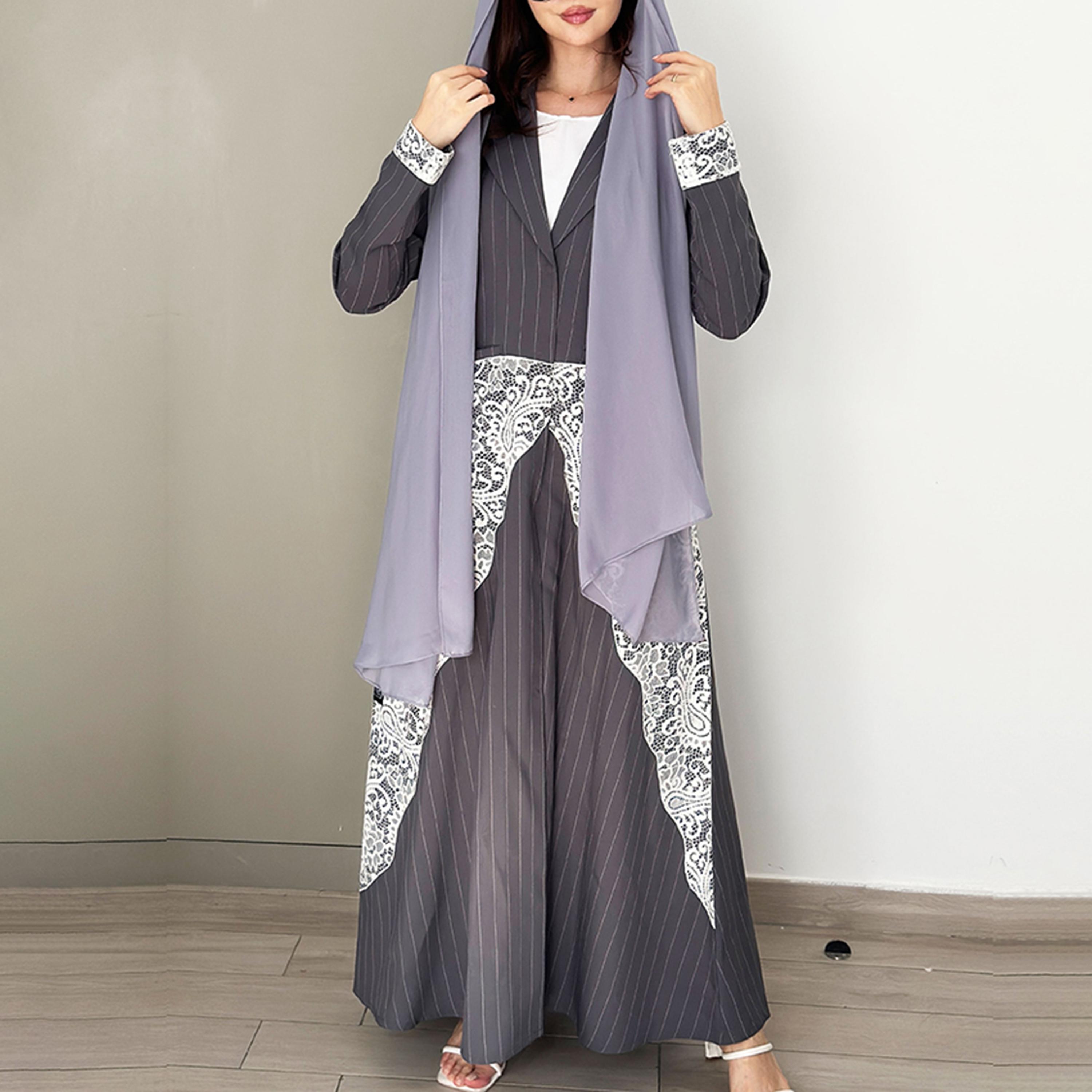 عباية رسمية بتصميم معطف كريب بياقة لا بيل مخططة ودانتيل بيزلي من روزيت عباية-women-arabicclothing-abayas-image-4