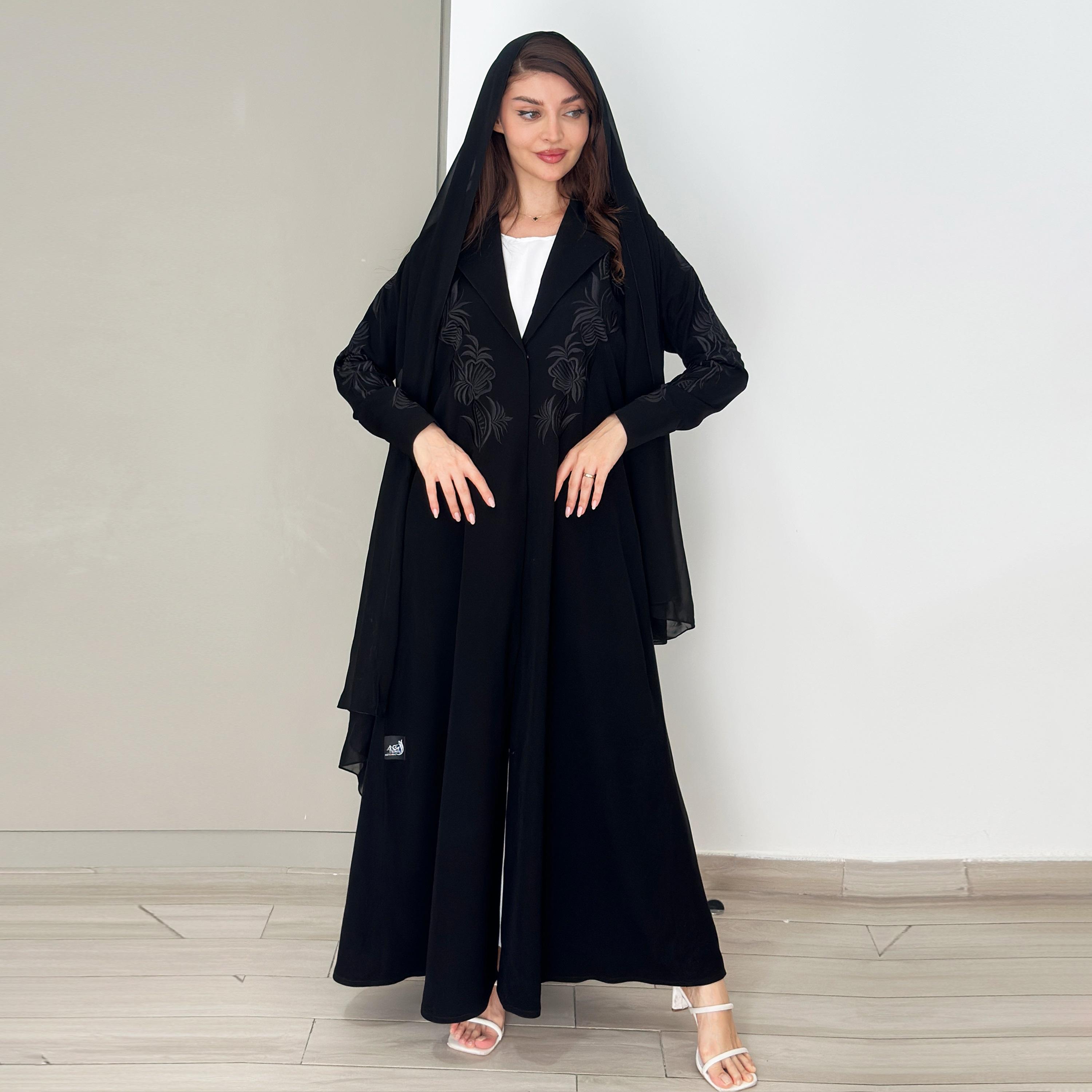 Rosette Abaya Black Floral Embroidered Lapel Collar Barbie Crepe Flared Coat Style Abaya with Hijab-women-arabicclothing-abayas-image-1