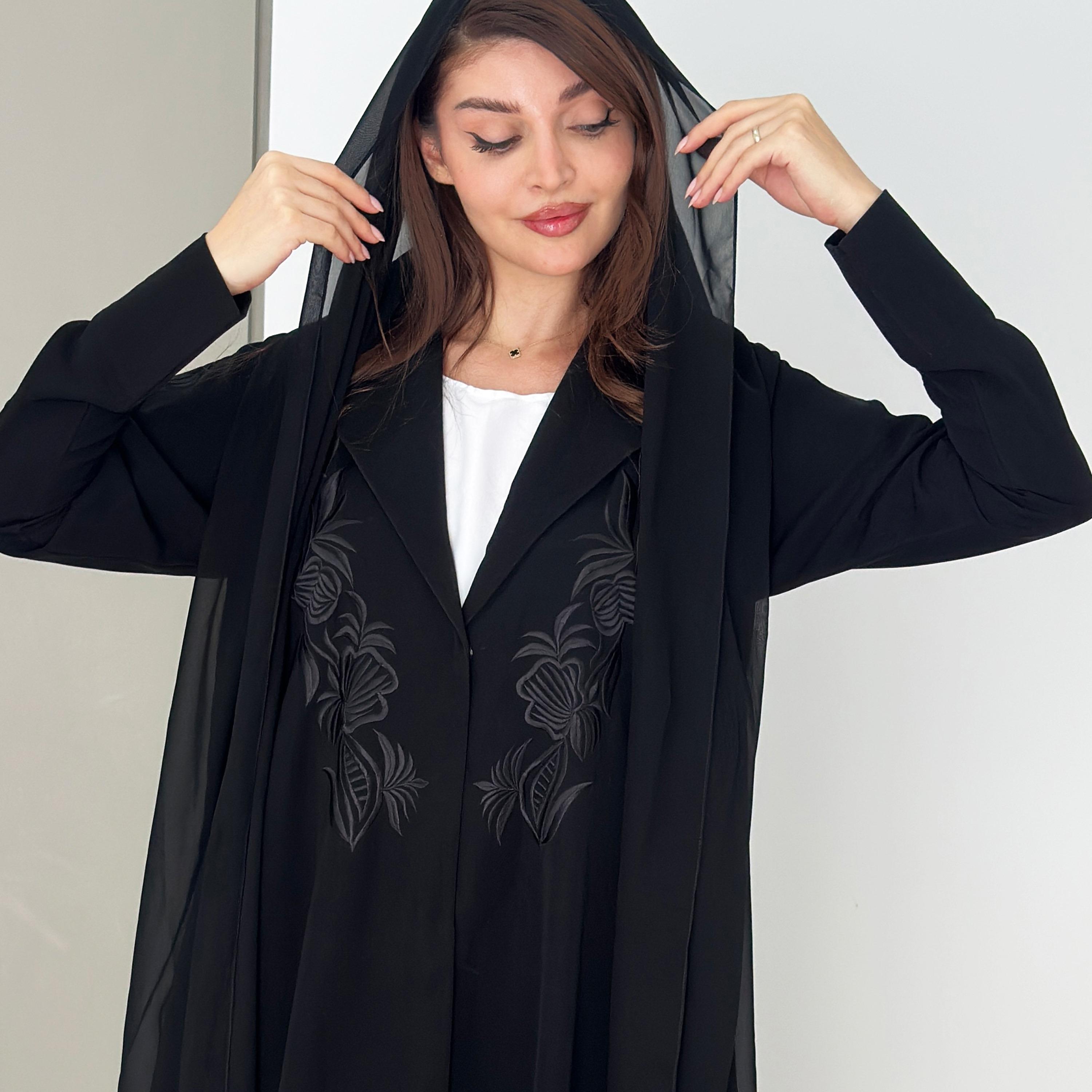 Rosette Abaya Black Floral Embroidered Lapel Collar Barbie Crepe Flared Coat Style Abaya with Hijab-women-arabicclothing-abayas-image-2