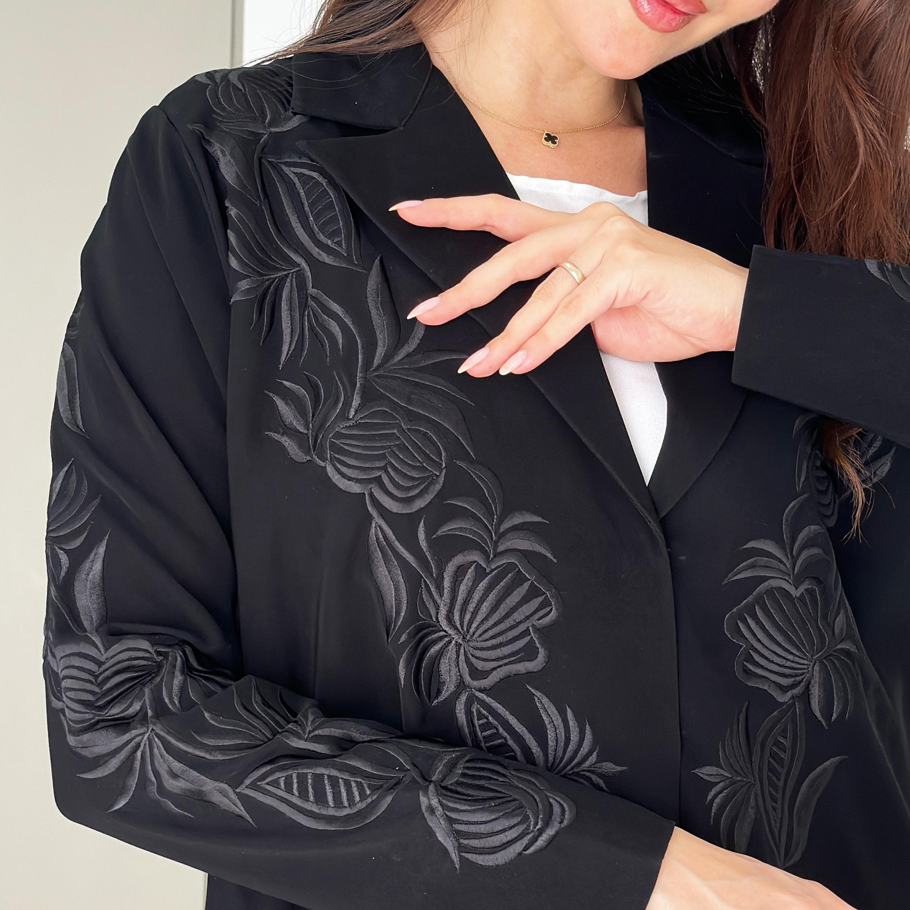 Rosette Abaya Black Floral Embroidered Lapel Collar Barbie Crepe Flared Coat Style Abaya with Hijab-women-arabicclothing-abayas-image-3