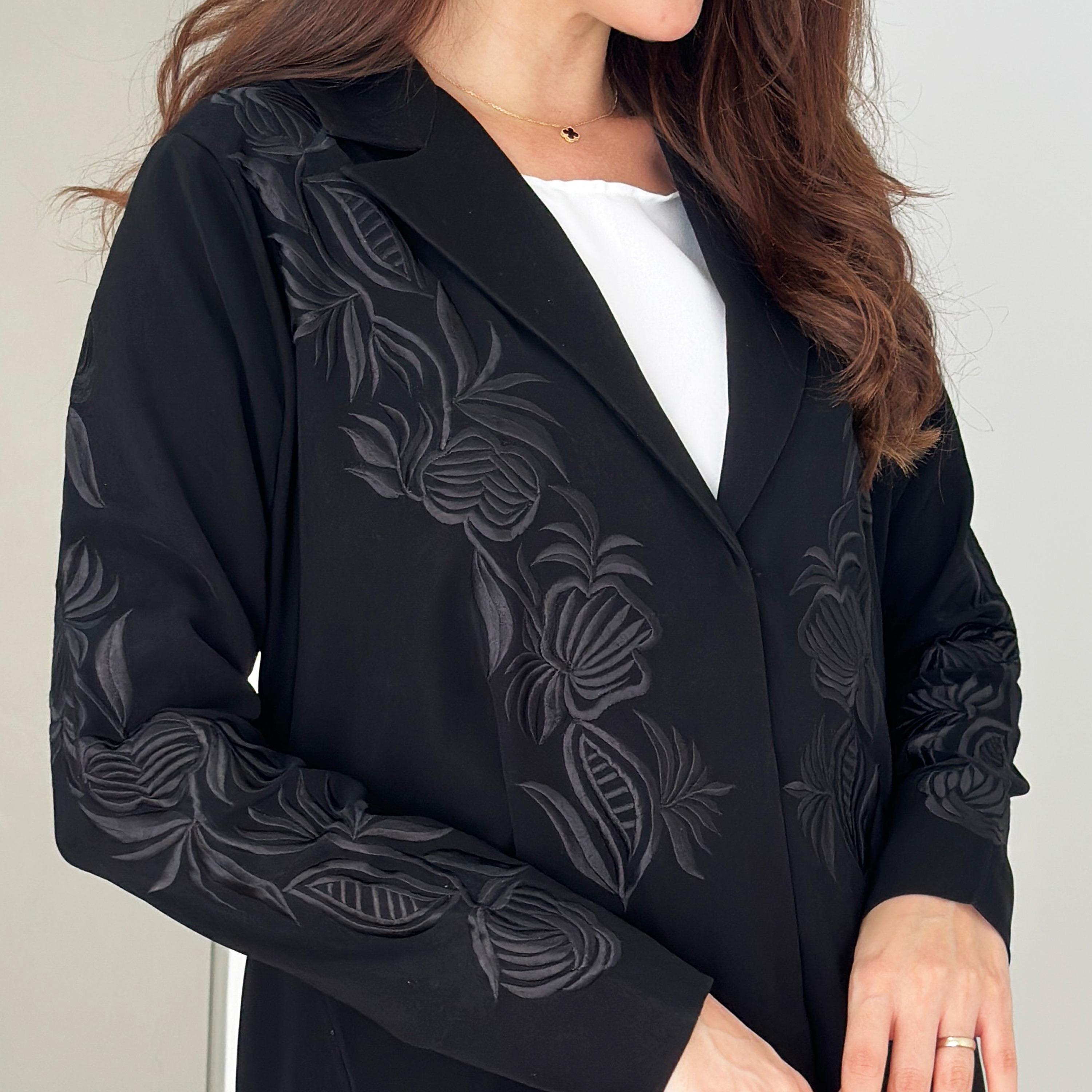 Rosette Abaya Black Floral Embroidered Lapel Collar Barbie Crepe Flared Coat Style Abaya with Hijab-women-arabicclothing-abayas-image-4