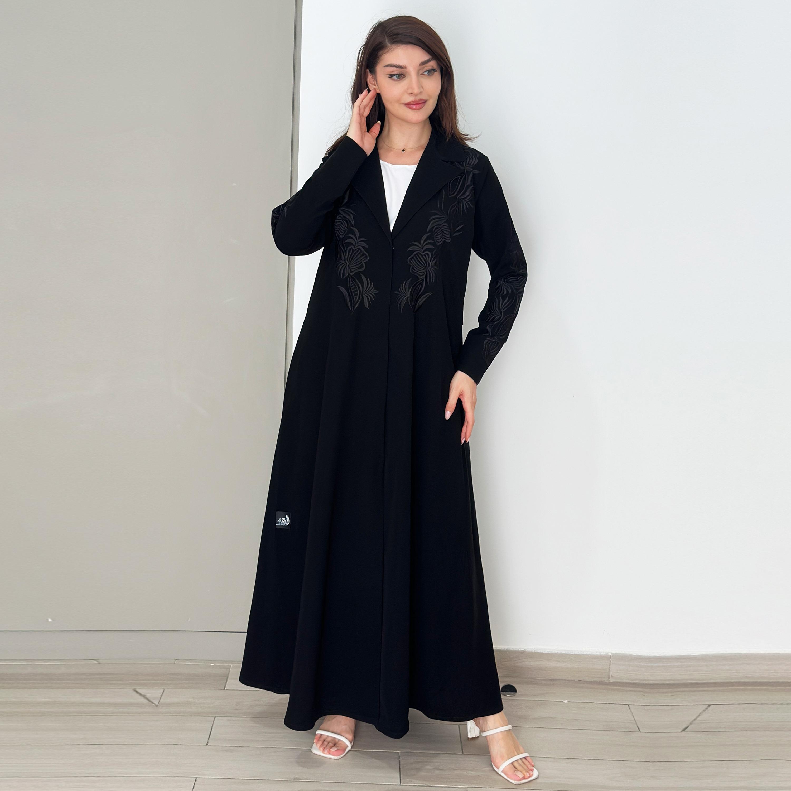 Rosette Abaya Black Floral Embroidered Lapel Collar Barbie Crepe Flared Coat Style Abaya with Hijab-women-arabicclothing-abayas-image-5