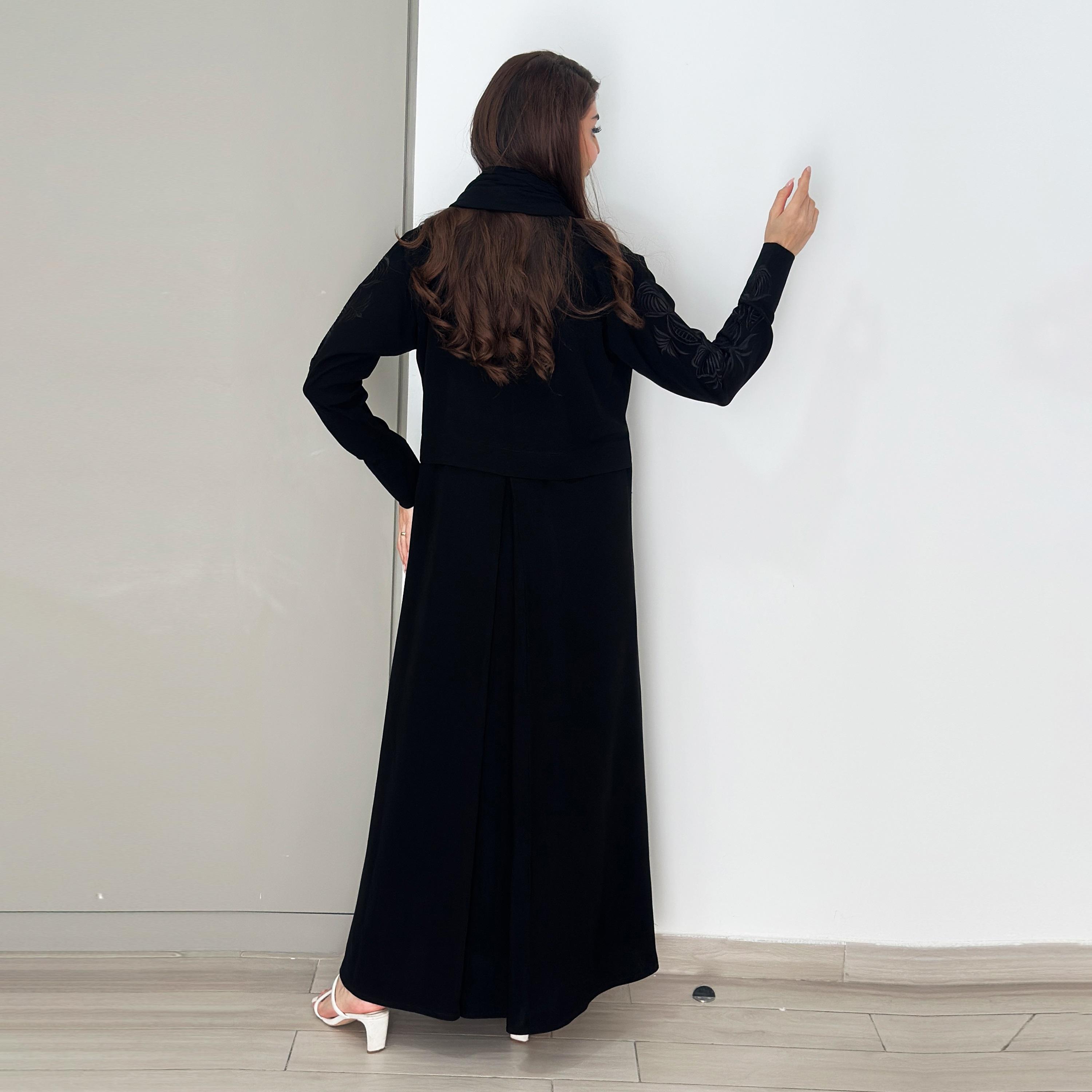 Rosette Abaya Black Floral Embroidered Lapel Collar Barbie Crepe Flared Coat Style Abaya with Hijab-women-arabicclothing-abayas-image-6