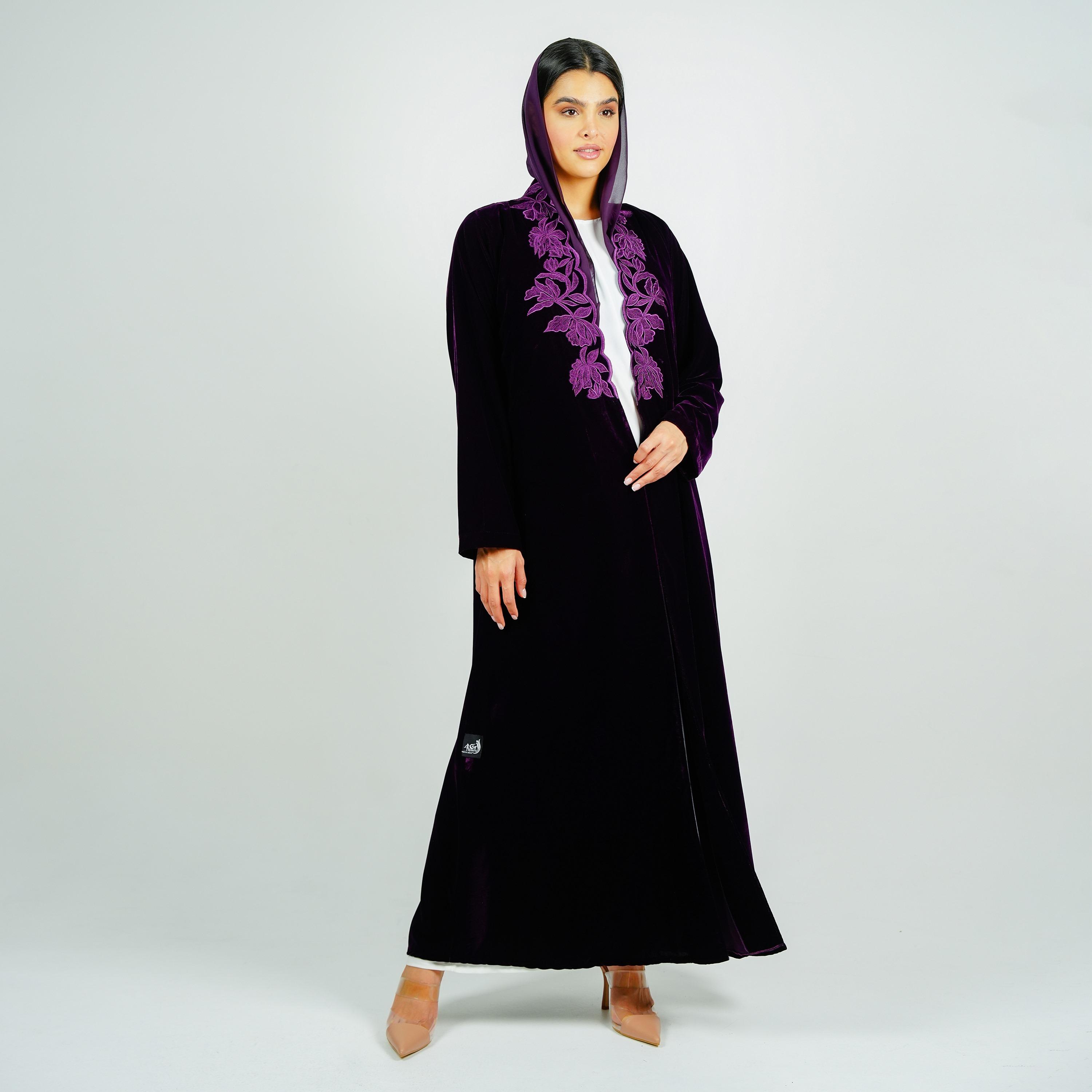 Rosette Abaya Floral Embroidered Velvet Abaya with Hijab-women-arabicclothing-abayas-image-4