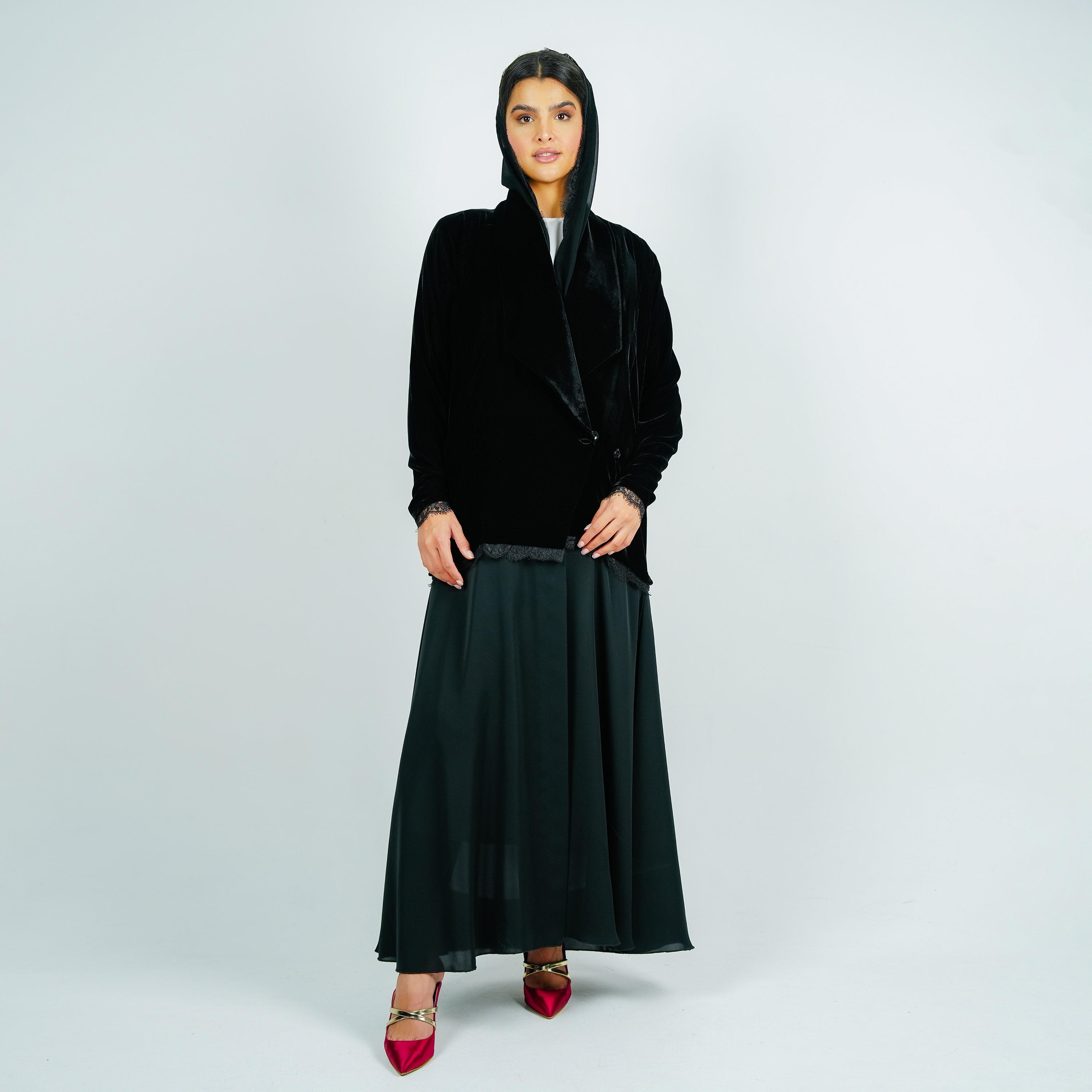 Rosette Abaya Black Colour-Blocked Barbie Crepe Abaya with Hijab-women-arabicclothing-abayas-image-1
