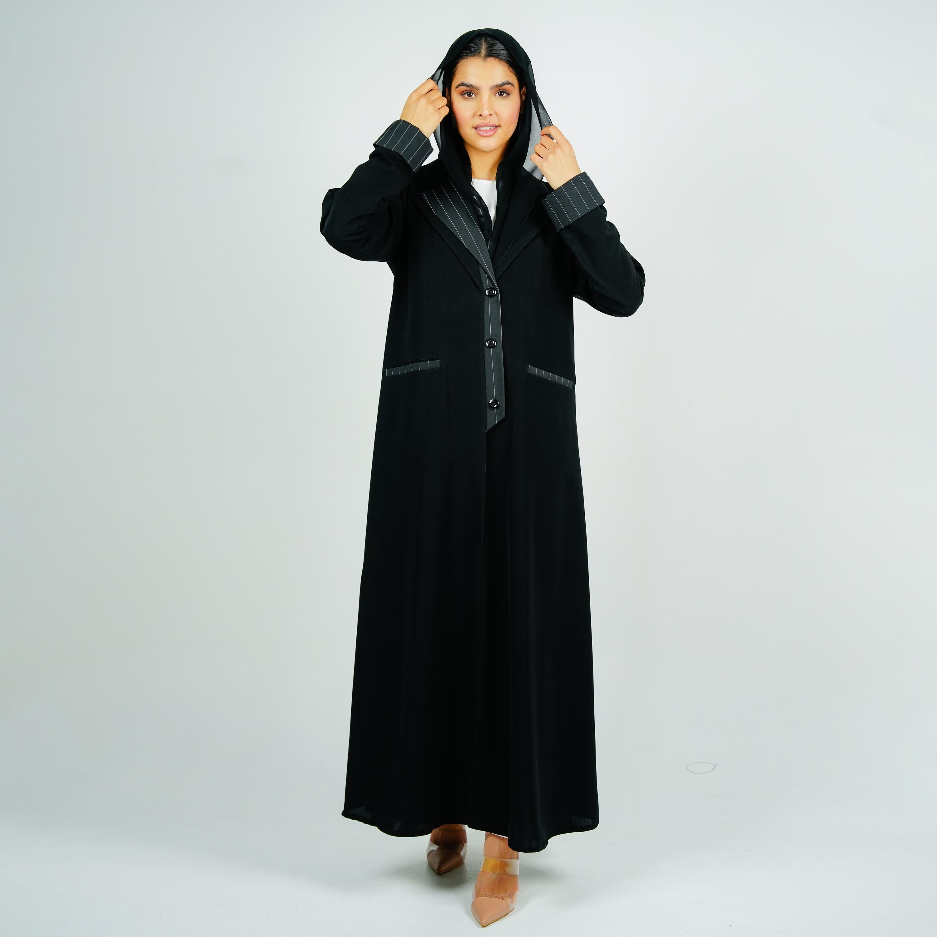 Rosette Abaya Black Lapel Collar Barbie Crepe Formal Coat Style Abaya with Hijab-women-arabicclothing-abayas-image-1