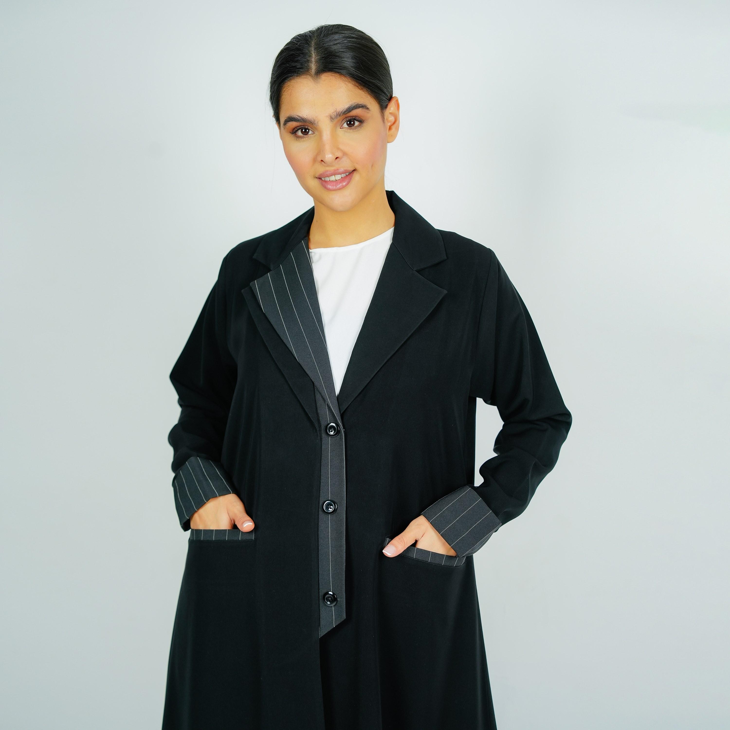 Rosette Abaya Black Lapel Collar Barbie Crepe Formal Coat Style Abaya with Hijab-women-arabicclothing-abayas-image-2