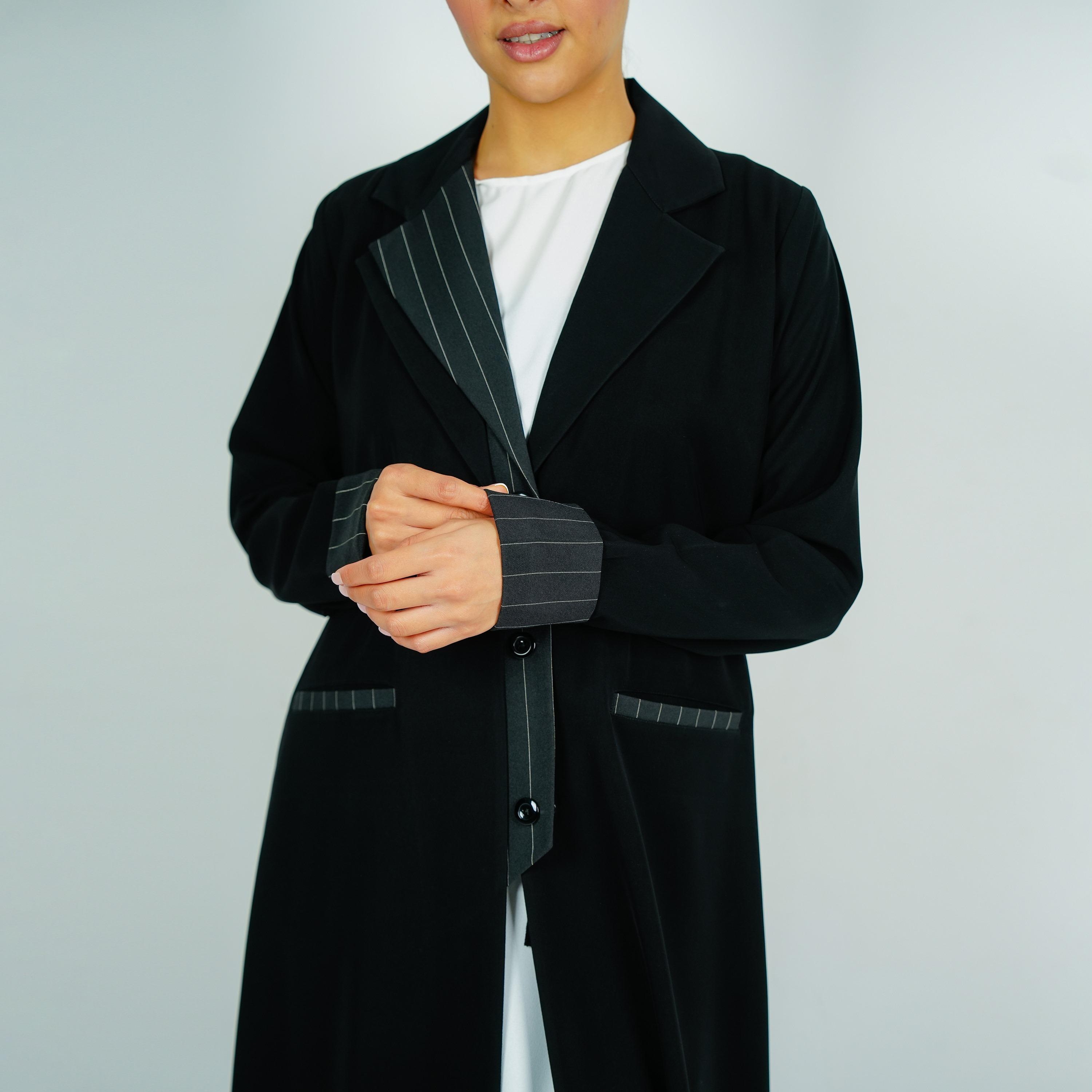 Rosette Abaya Black Lapel Collar Barbie Crepe Formal Coat Style Abaya with Hijab-women-arabicclothing-abayas-image-3