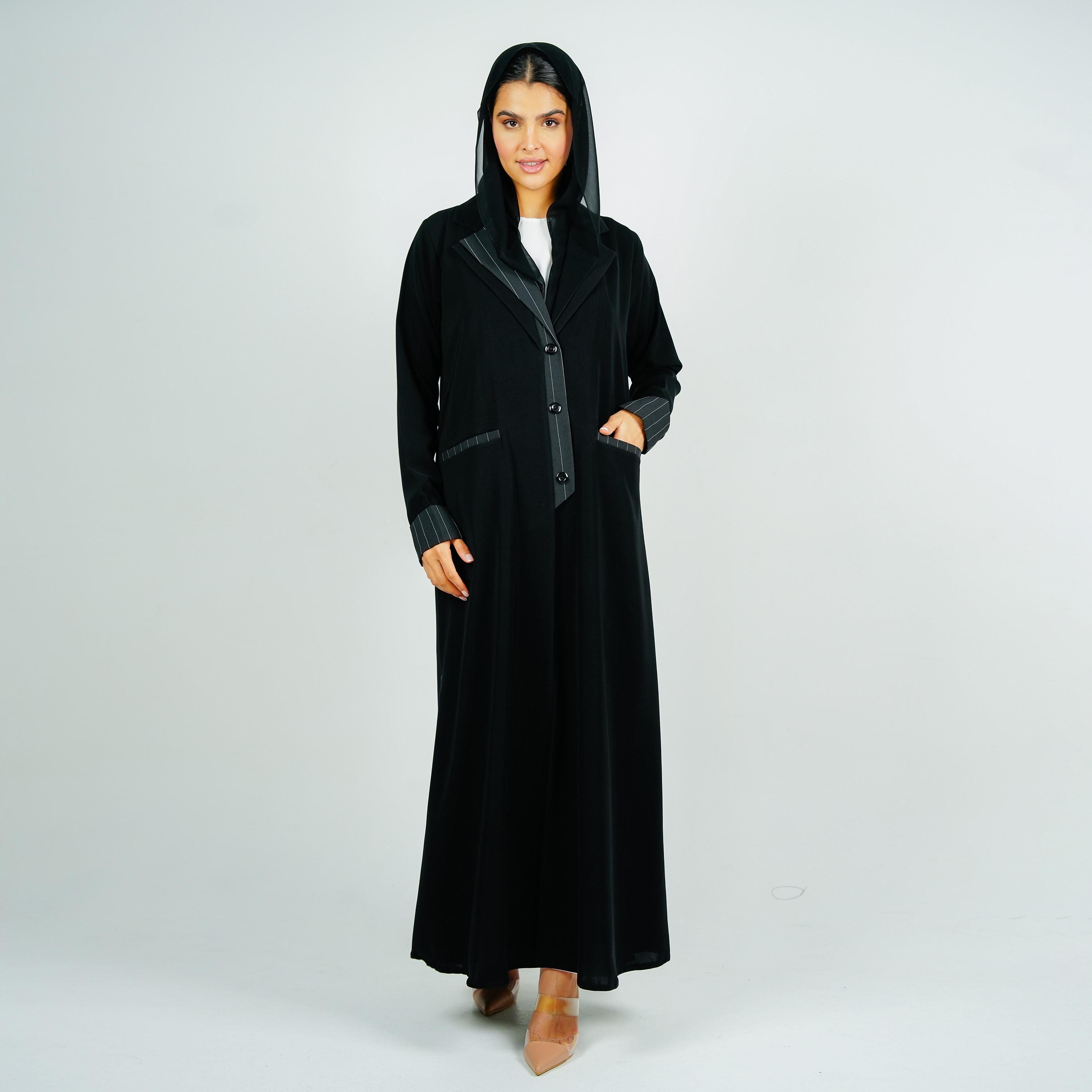 Rosette Abaya Black Lapel Collar Barbie Crepe Formal Coat Style Abaya with Hijab-women-arabicclothing-abayas-image-4